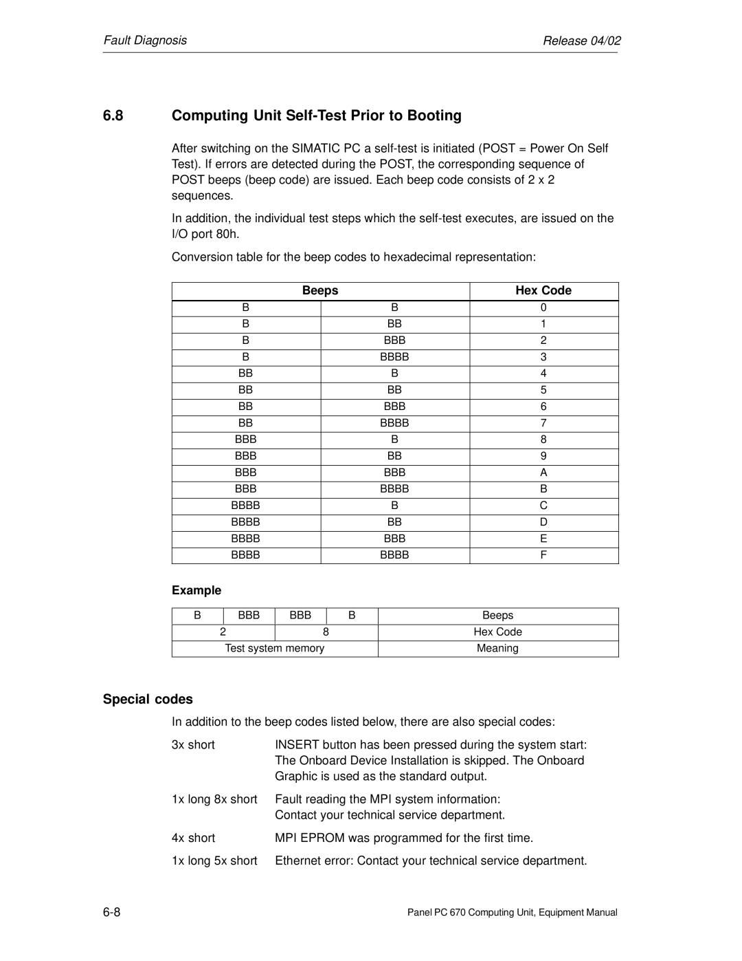 Siemens PC 670 manual Computing Unit Self-Test Prior to Booting, Special codes, Beeps Hex Code, Example 