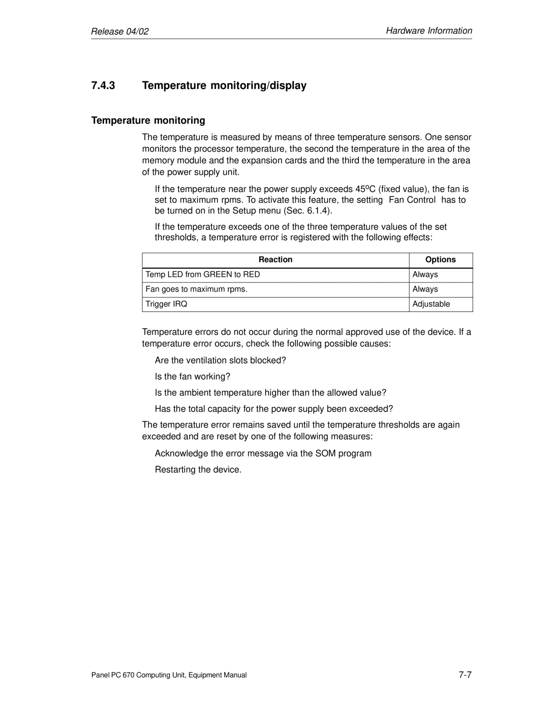 Siemens PC 670 manual Temperature monitoring/display, Reaction Options 