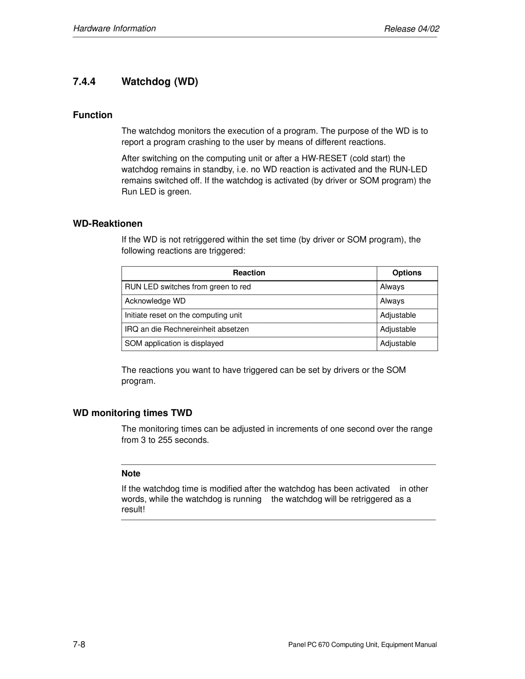 Siemens PC 670 manual Watchdog WD, WD-Reaktionen, WD monitoring times TWD 