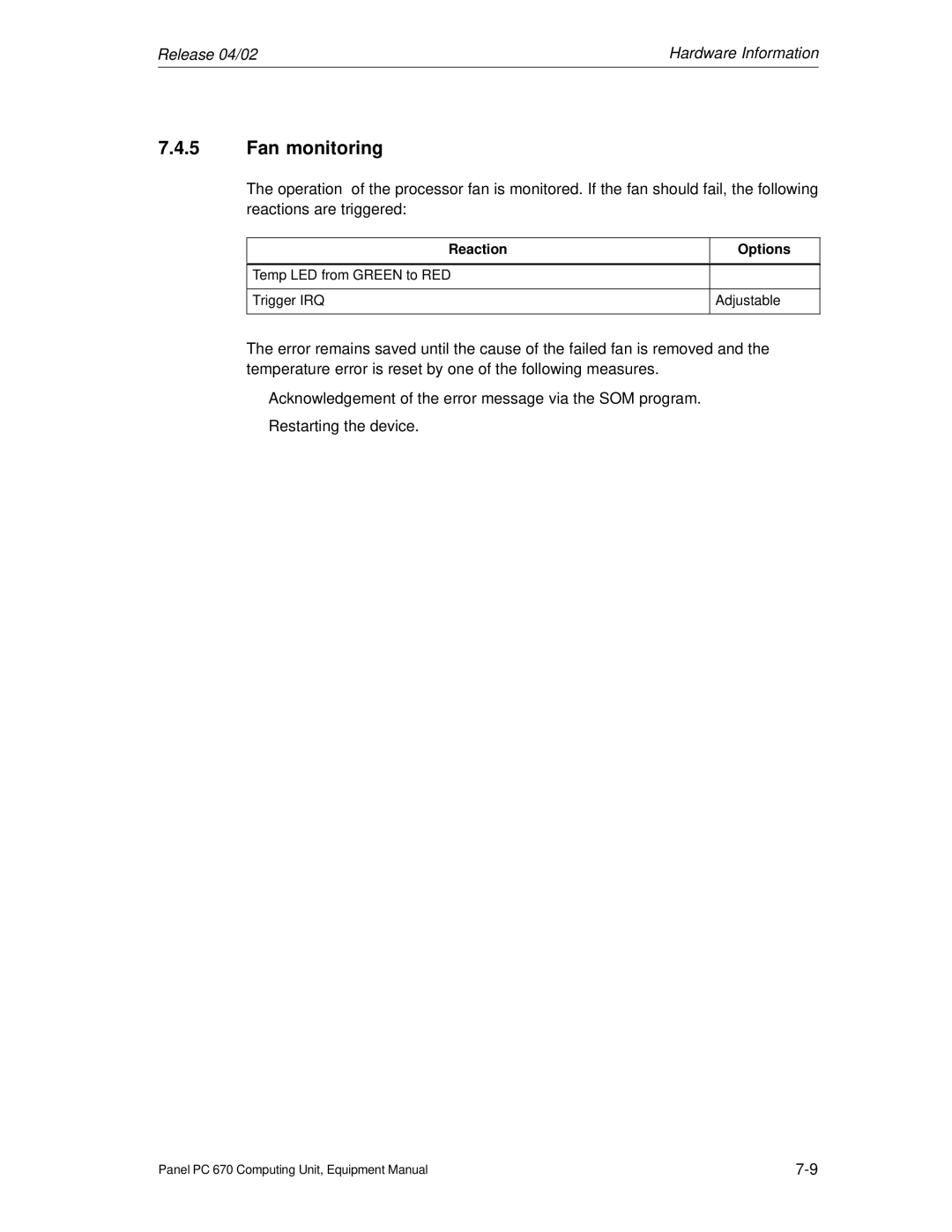 Siemens PC 670 manual Fan monitoring 