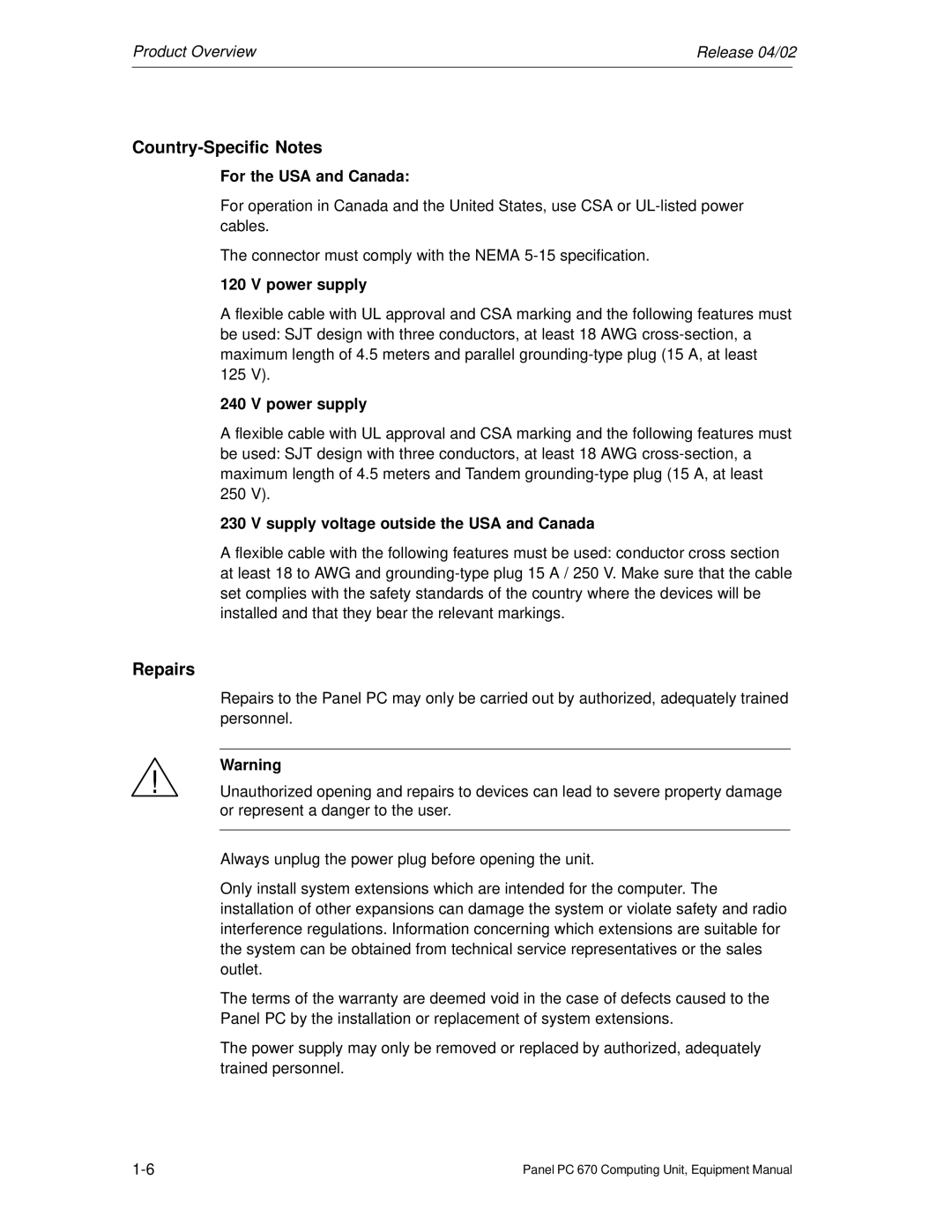 Siemens PC 670 manual Country-Specific Notes Repairs, For the USA and Canada, Power supply 