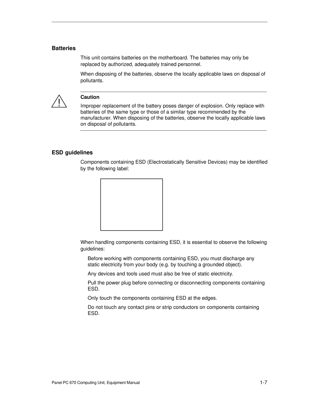 Siemens PC 670 manual Batteries, ESD guidelines 