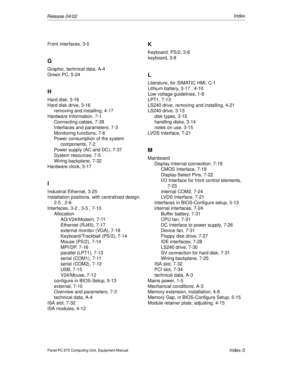 Siemens PC 670 manual Release 04/02 Index 