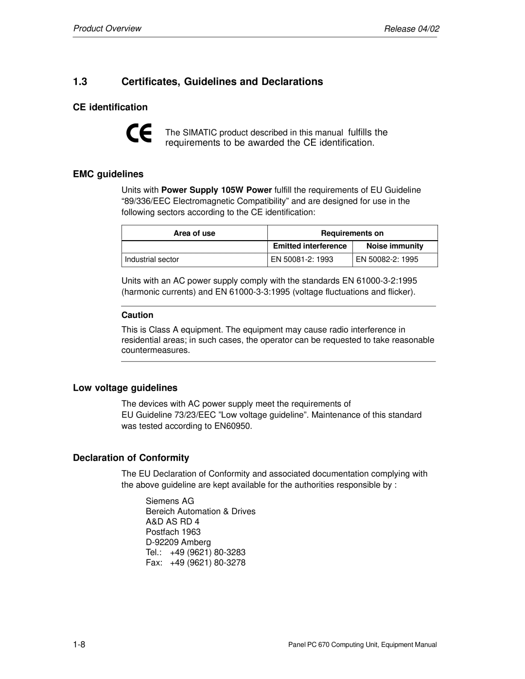 Siemens PC 670 manual Certificates, Guidelines and Declarations, CE identification, EMC guidelines, Low voltage guidelines 