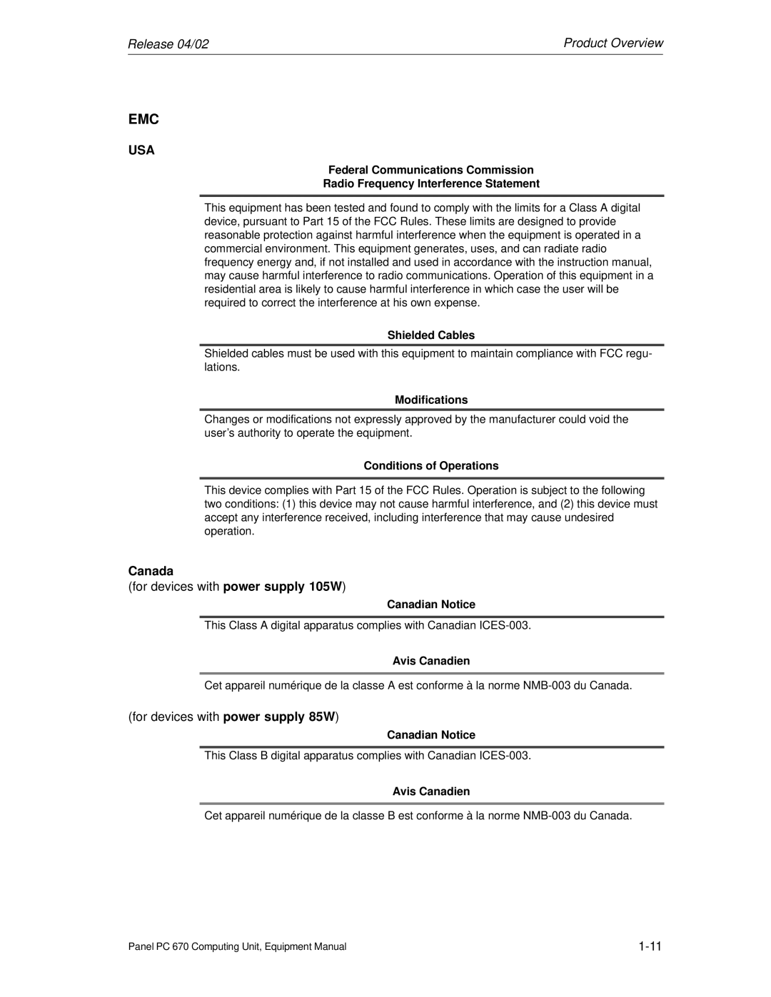 Siemens PC 670 manual Canada, Modifications, Conditions of Operations, Canadian Notice, Avis Canadien 