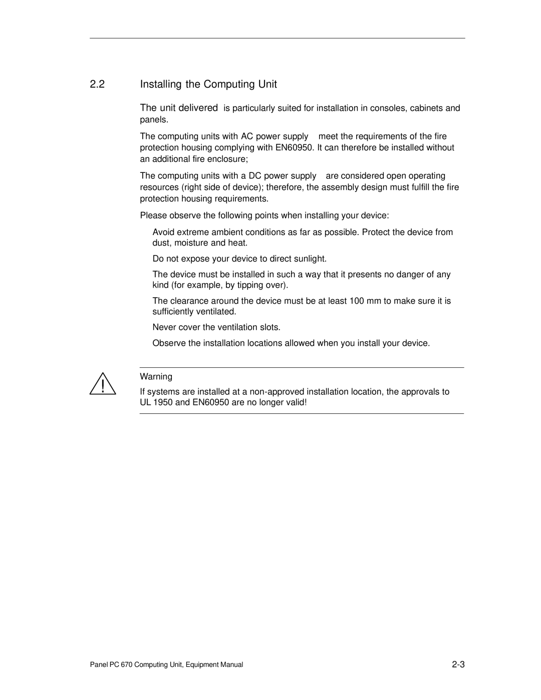 Siemens PC 670 manual Installing the Computing Unit 