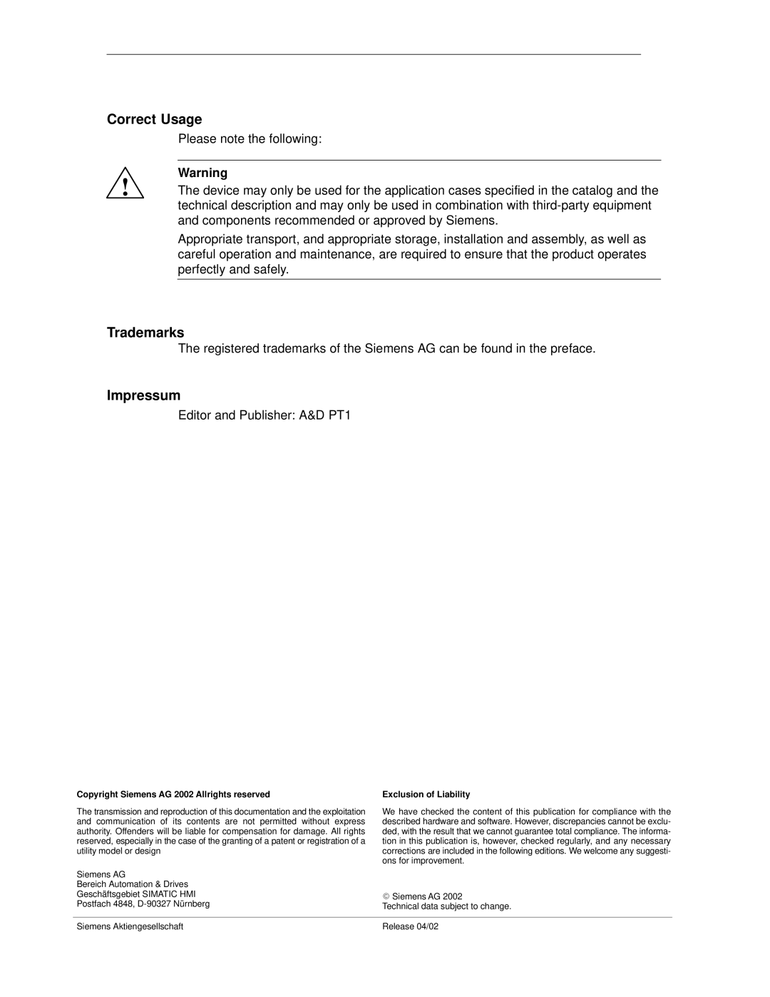 Siemens PC 670 manual Correct Usage, Trademarks, Impressum 