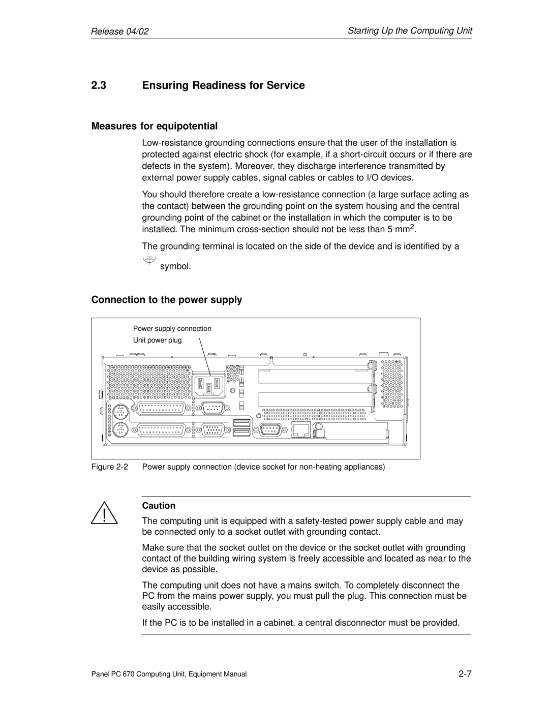 Siemens PC 670 manual Ensuring Readiness for Service, Measures for equipotential, Connection to the power supply 