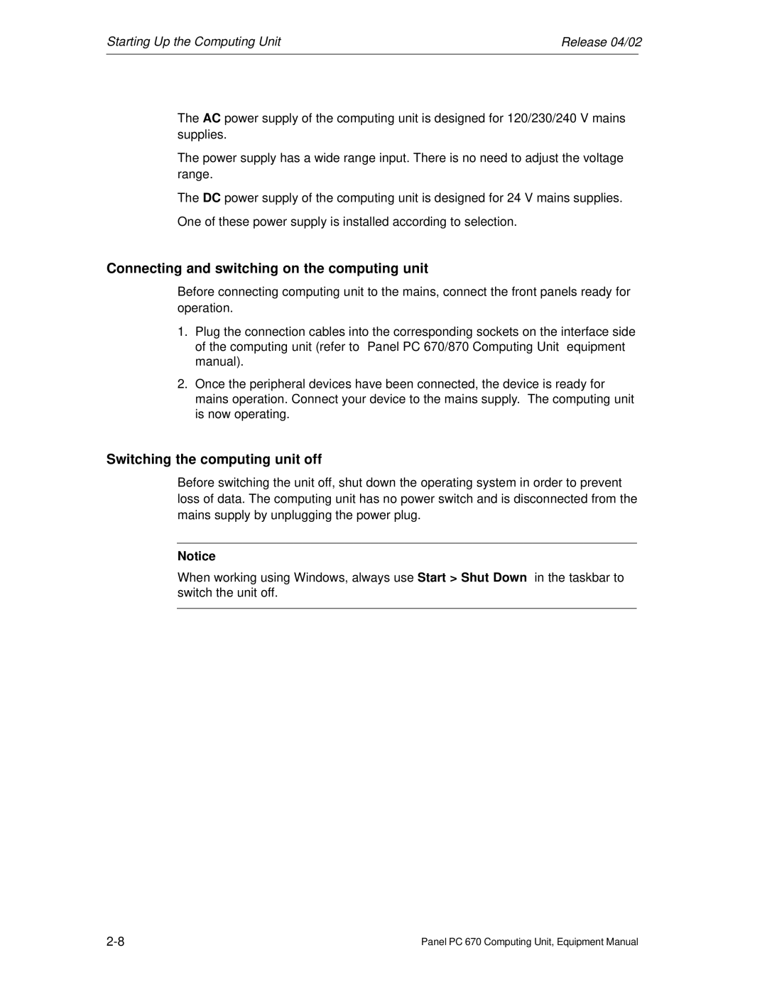 Siemens PC 670 manual Connecting and switching on the computing unit, Switching the computing unit off 