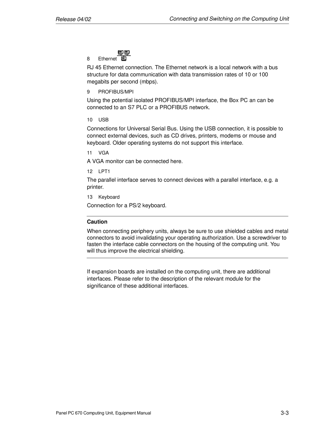 Siemens PC 670 manual Release 04/02 Connecting and Switching on the Computing Unit 