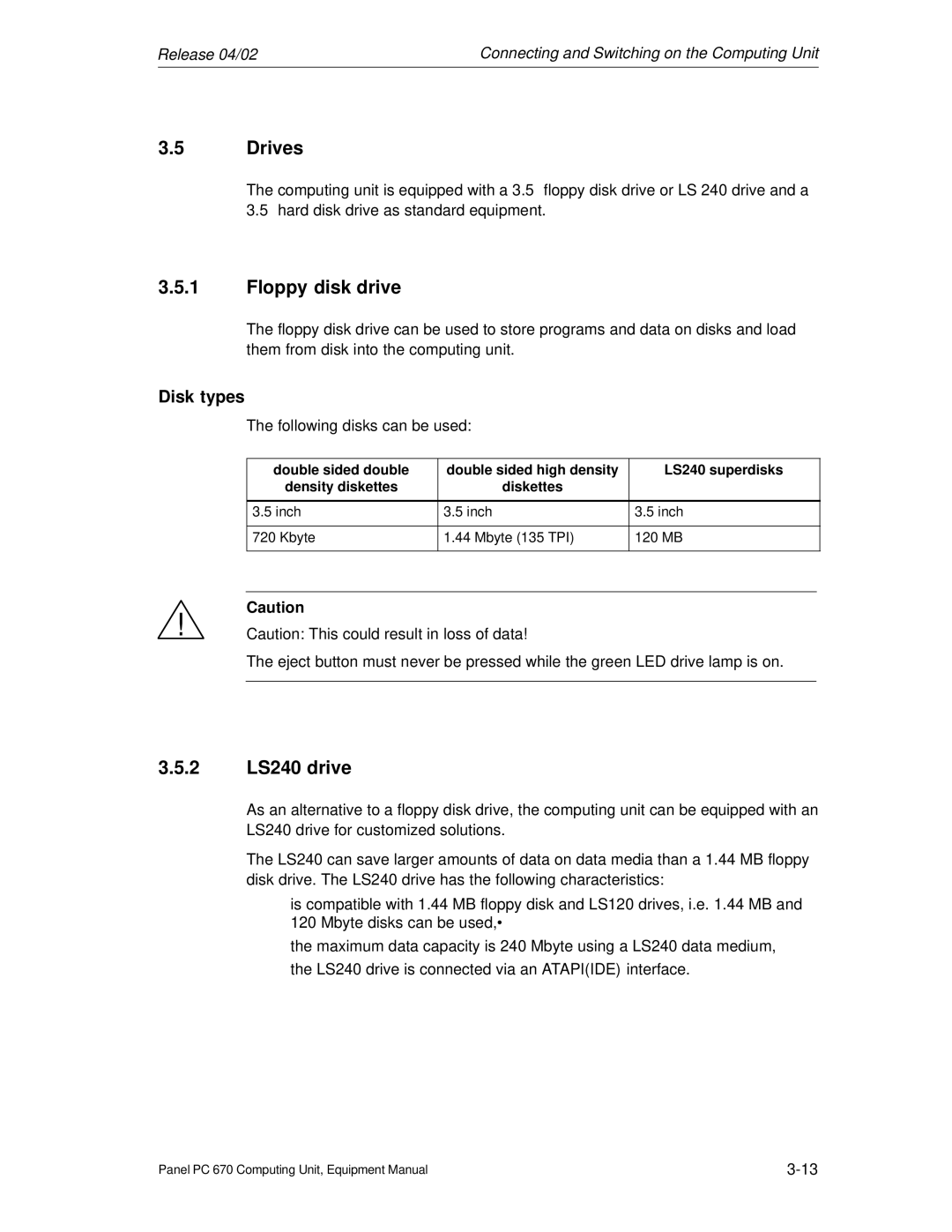 Siemens PC 670 manual Drives, Floppy disk drive, 2 LS240 drive, Disk types 