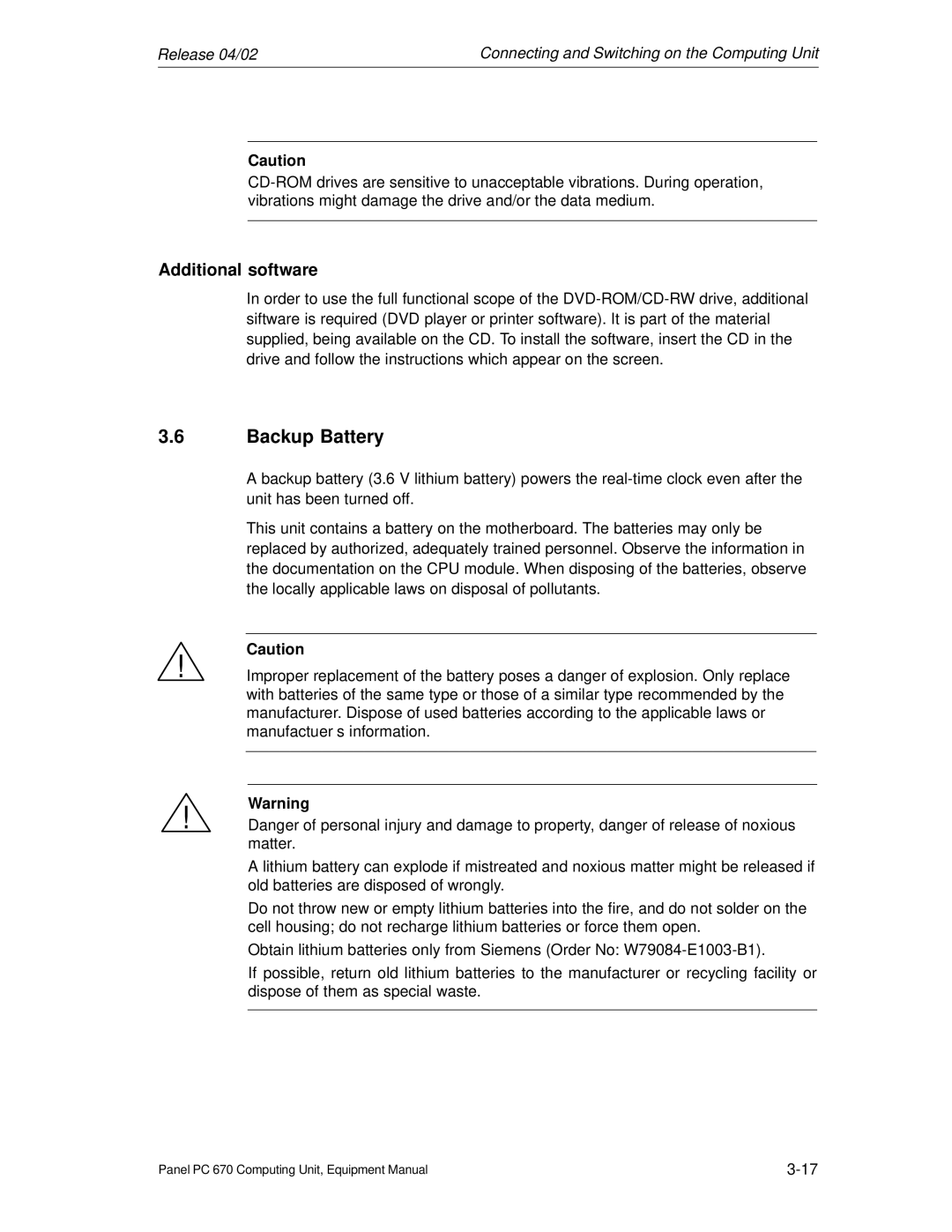 Siemens PC 670 manual Backup Battery, Additional software 