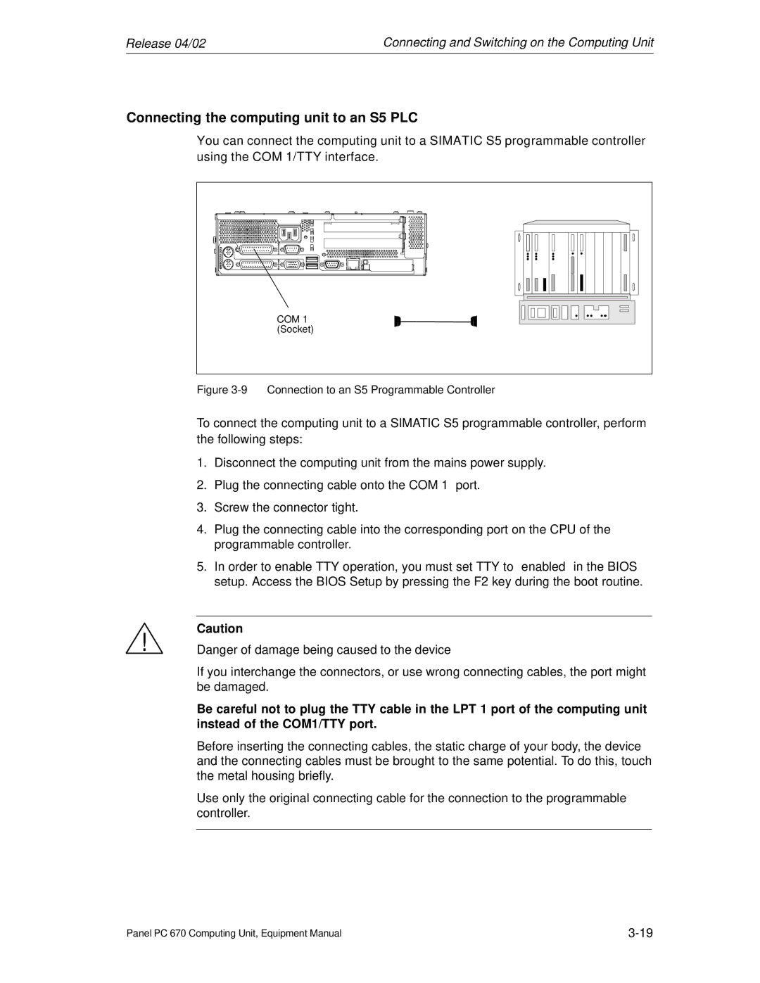 Siemens PC 670 manual Connecting the computing unit to an S5 PLC, Connection to an S5 Programmable Controller 