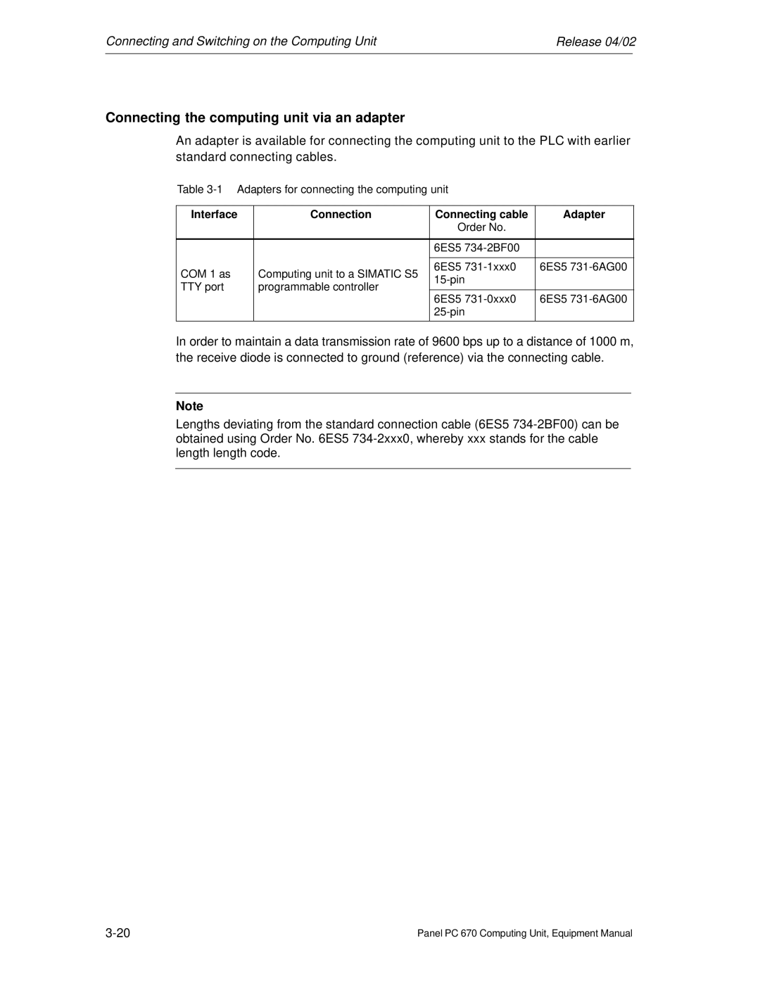 Siemens PC 670 manual Connecting the computing unit via an adapter, Interface Connection Connecting cable Adapter 