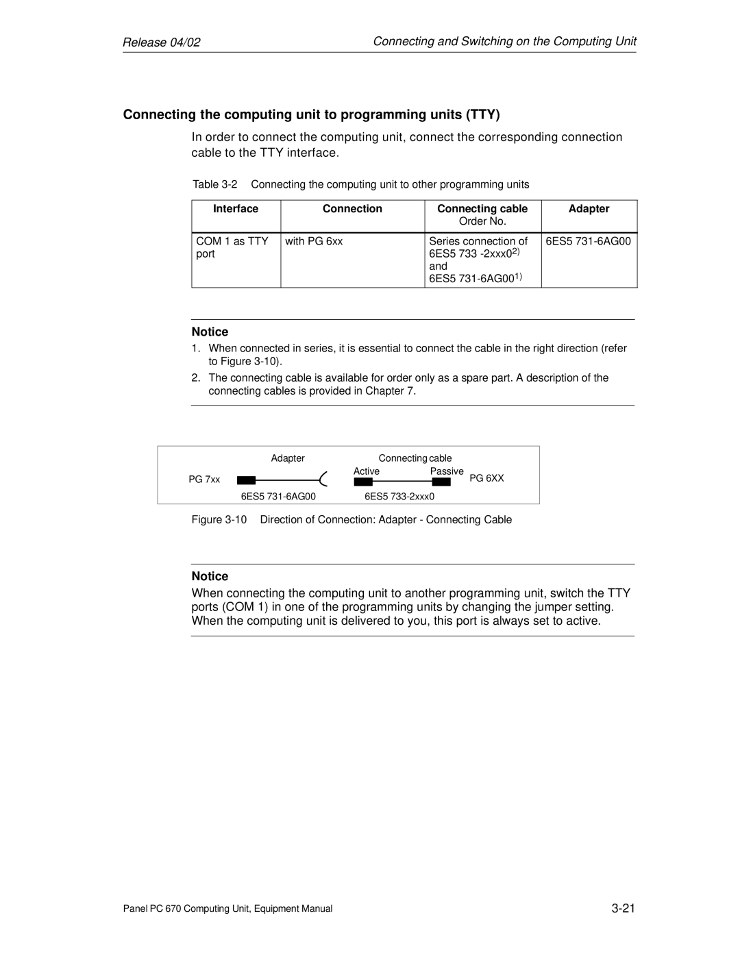 Siemens PC 670 Connecting the computing unit to programming units TTY, Direction of Connection Adapter Connecting Cable 