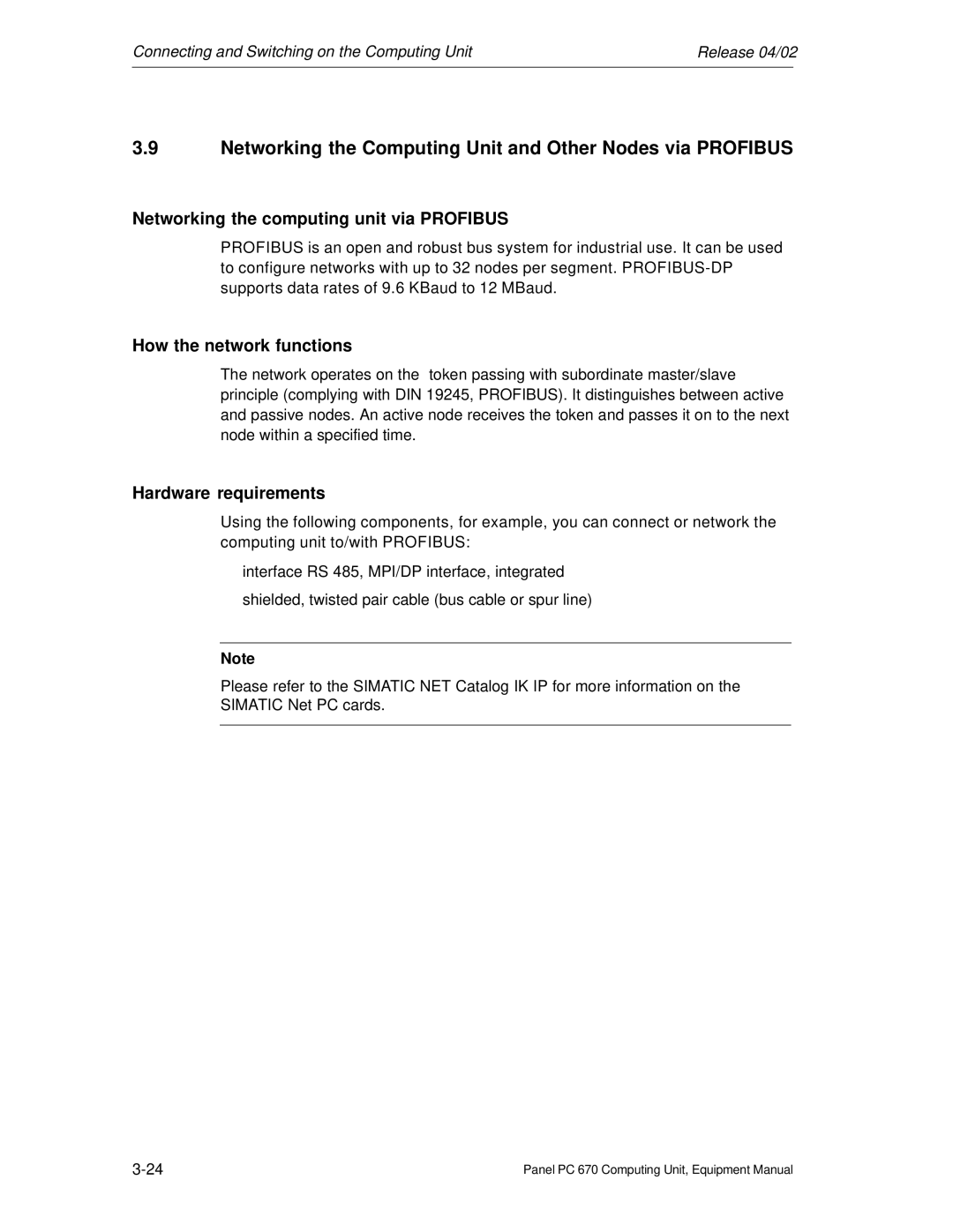 Siemens PC 670 Networking the Computing Unit and Other Nodes via Profibus, Networking the computing unit via Profibus 