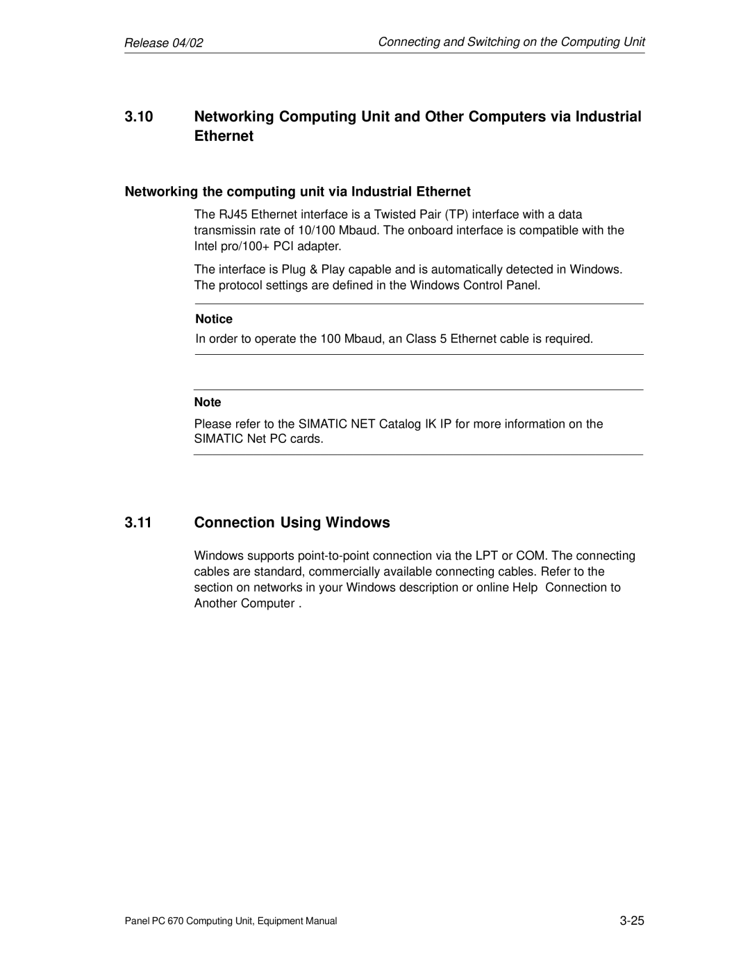 Siemens PC 670 manual Connection Using Windows, Networking the computing unit via Industrial Ethernet 