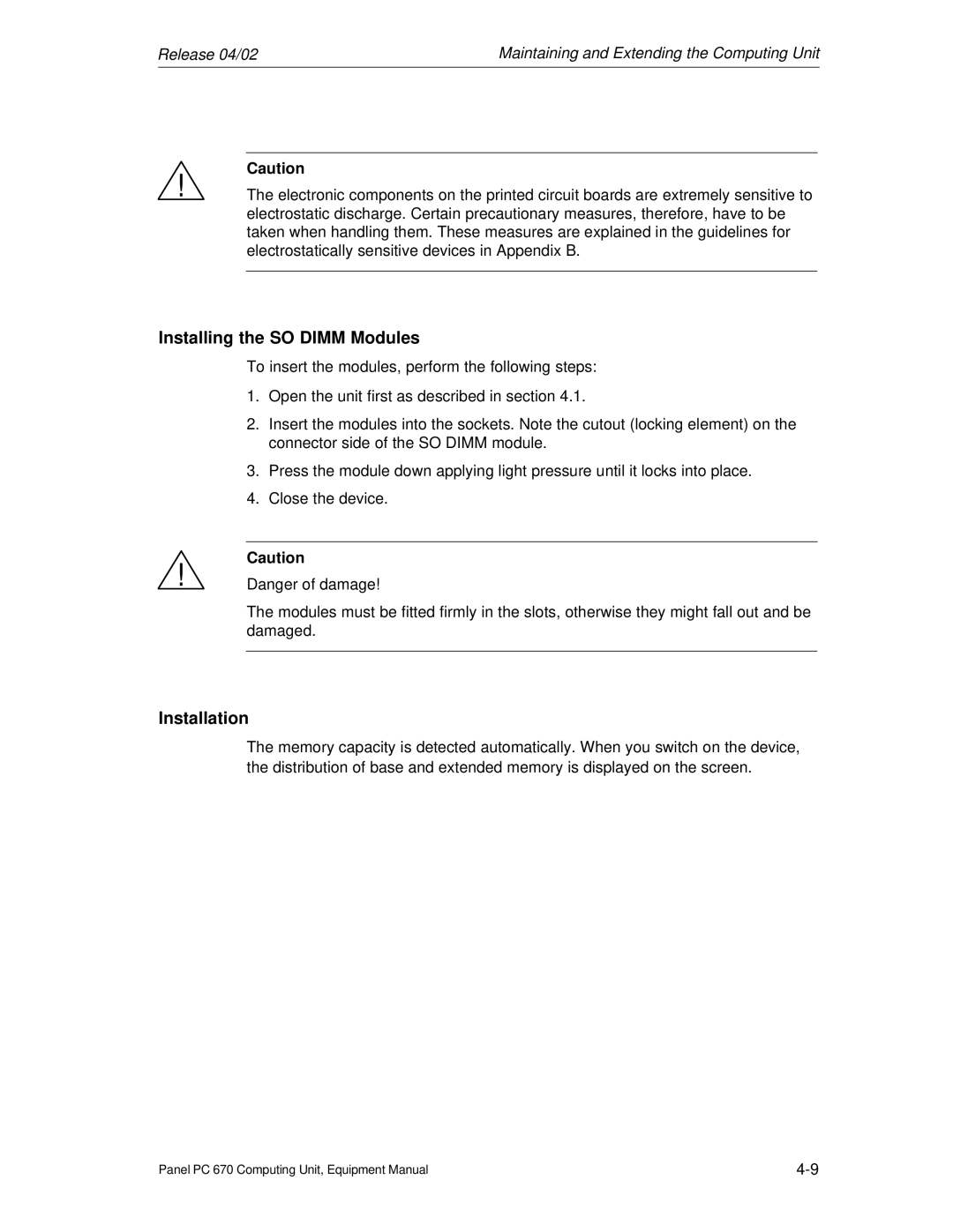 Siemens PC 670 manual Installing the SO Dimm Modules, Installation 