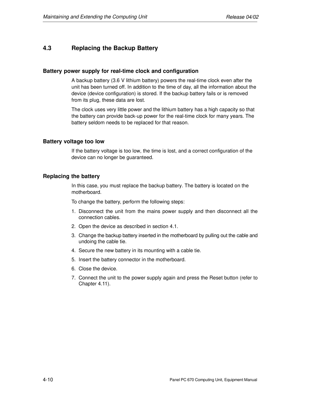 Siemens PC 670 manual Replacing the Backup Battery, Battery power supply for real-time clock and configuration 