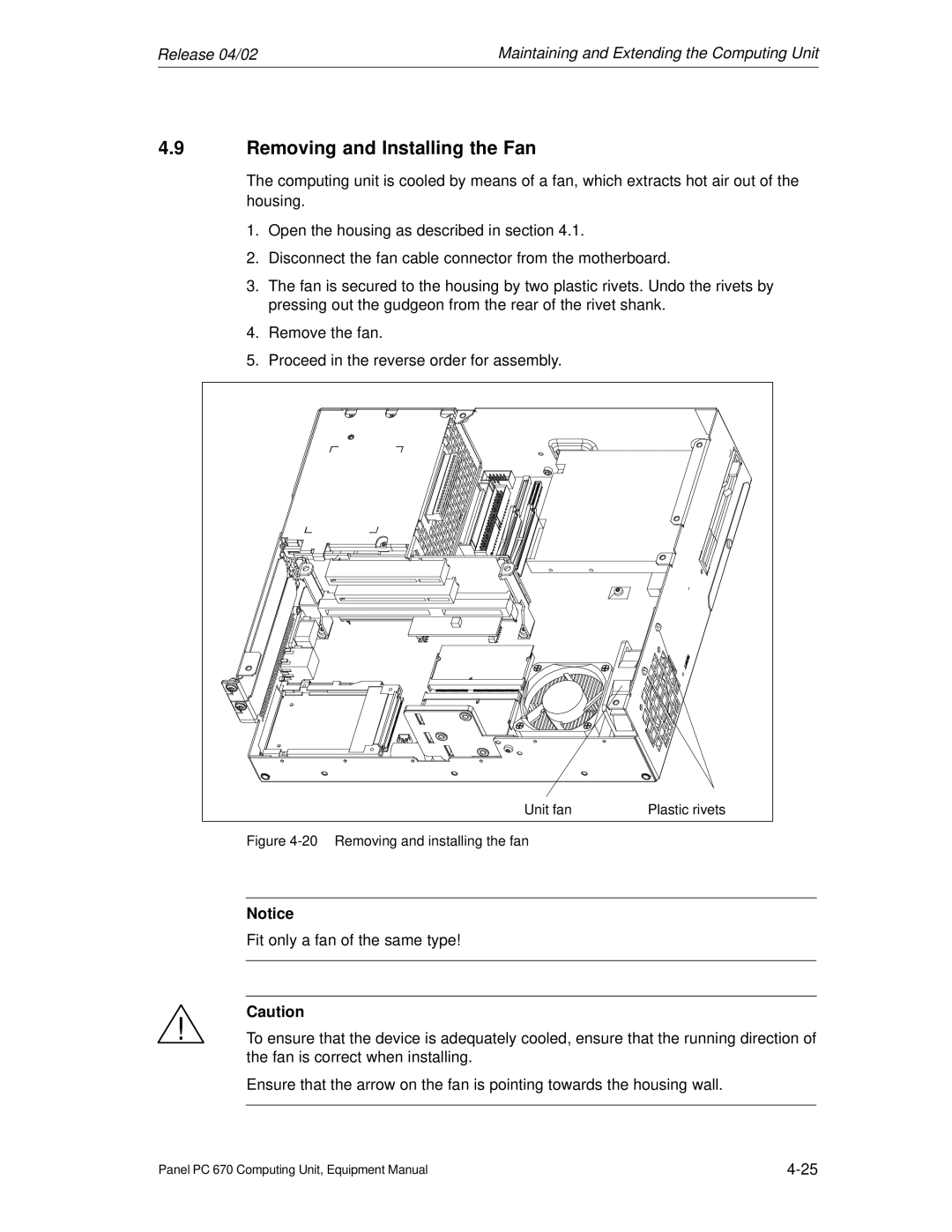 Siemens PC 670 manual Removing and Installing the Fan, Removing and installing the fan 