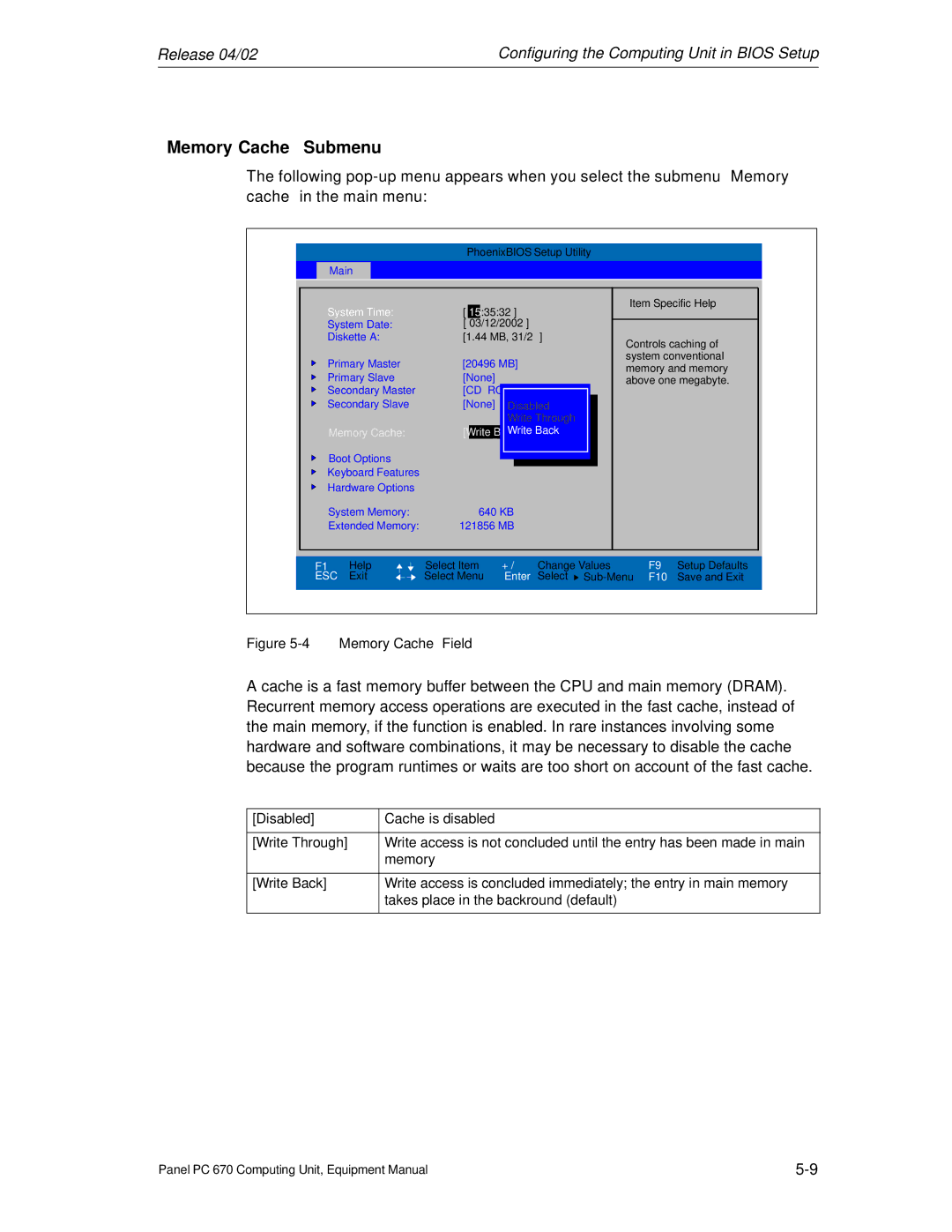 Siemens PC 670 manual Memory Cache Submenu, Write Back 