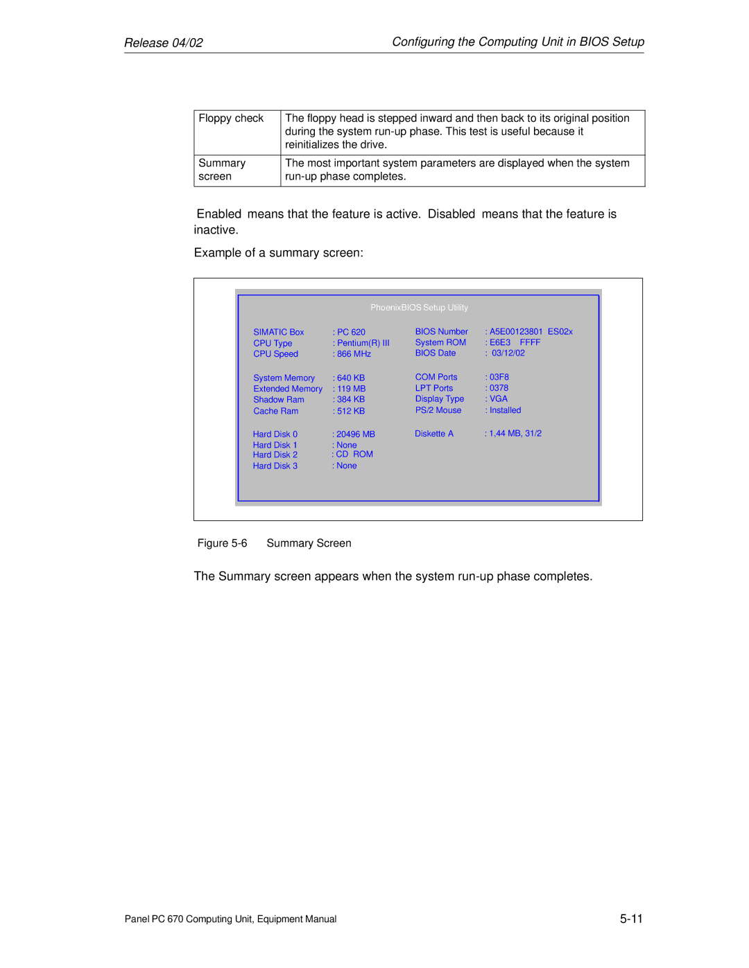 Siemens PC 670 manual Summary Screen 