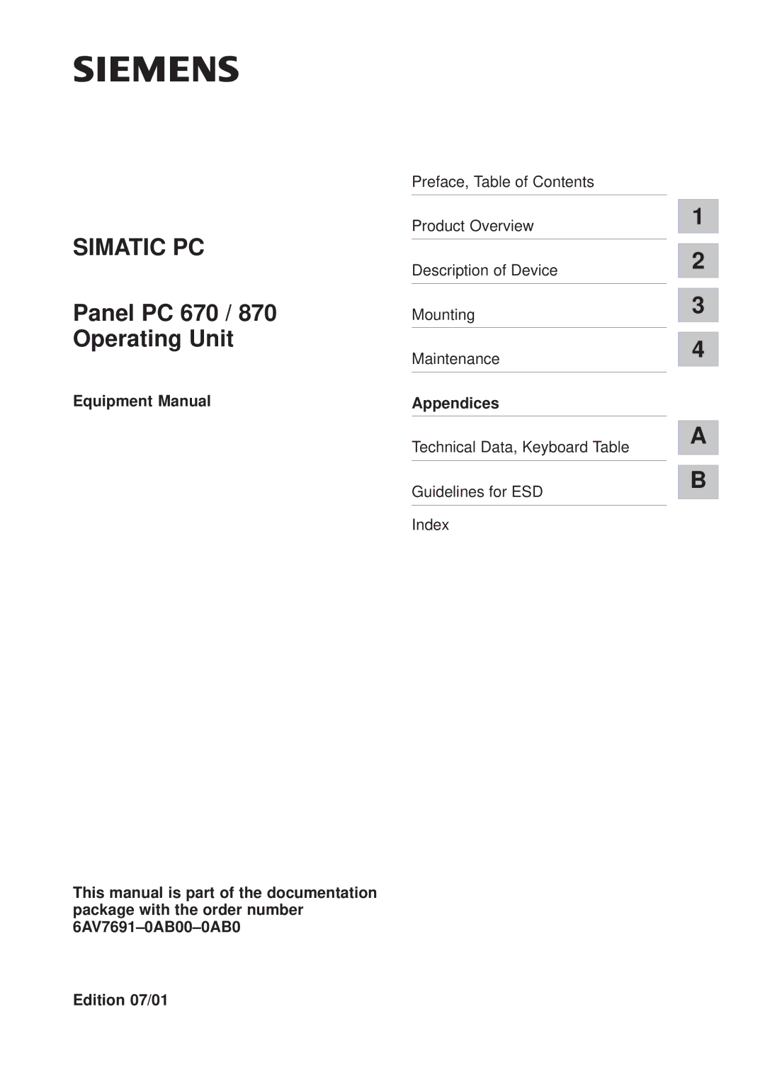 Siemens PC 870 manual Panel PC 670 / 870 Operating Unit, Equipment Manual, Appendices 