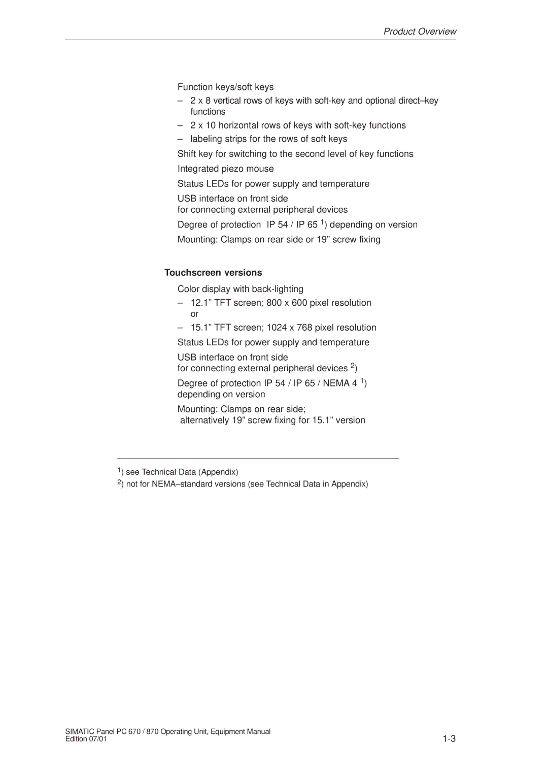 Siemens PC 870 manual Touchscreen versions 