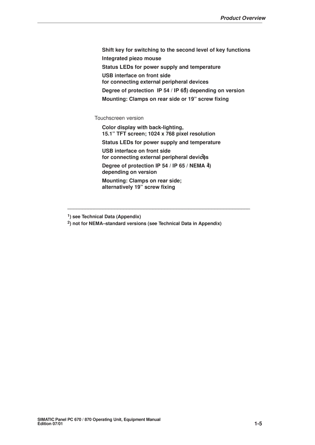 Siemens PC 870 manual Touchscreen version 