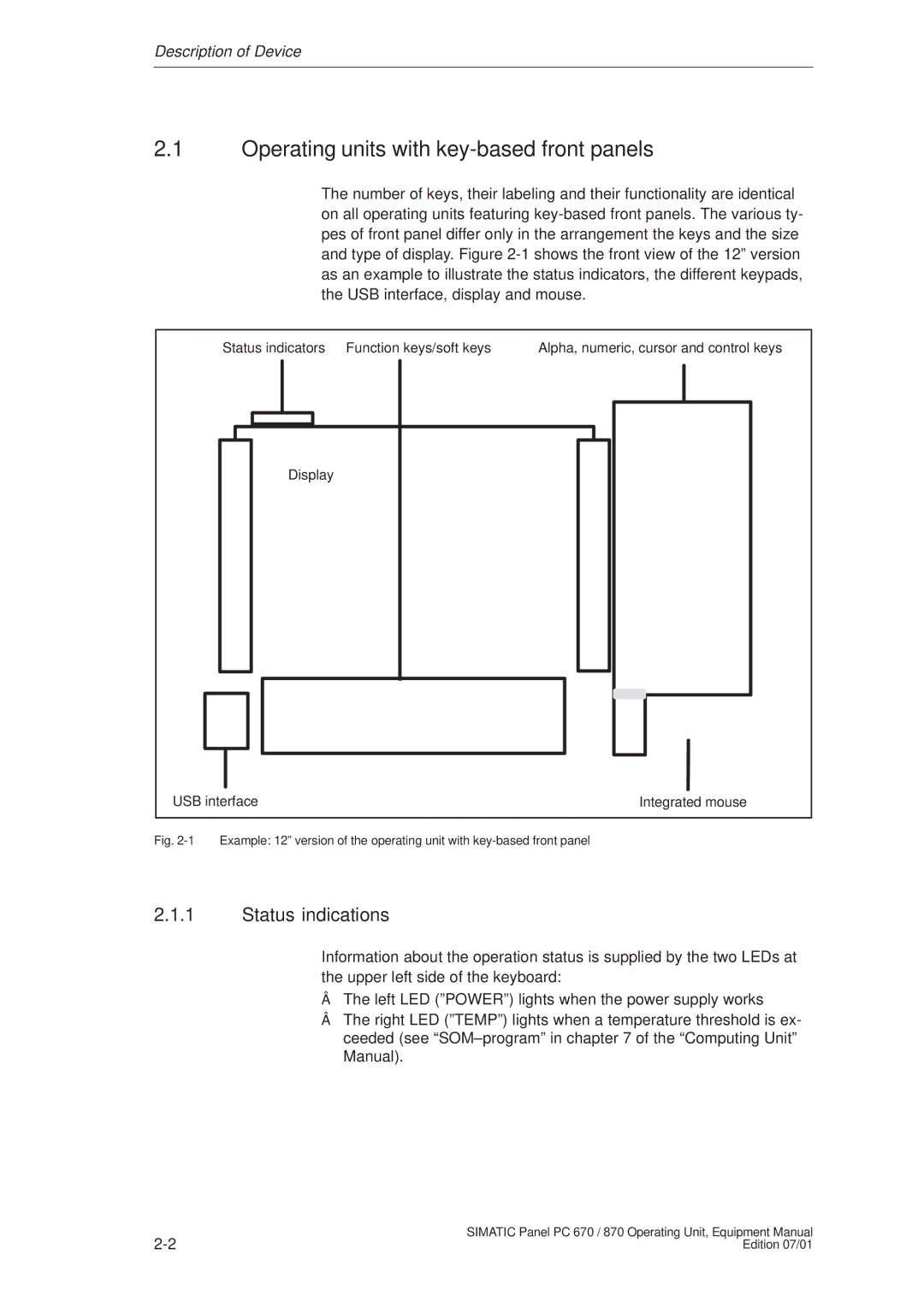 Siemens PC 870 manual Operating units with key-based front panels, Status indications 