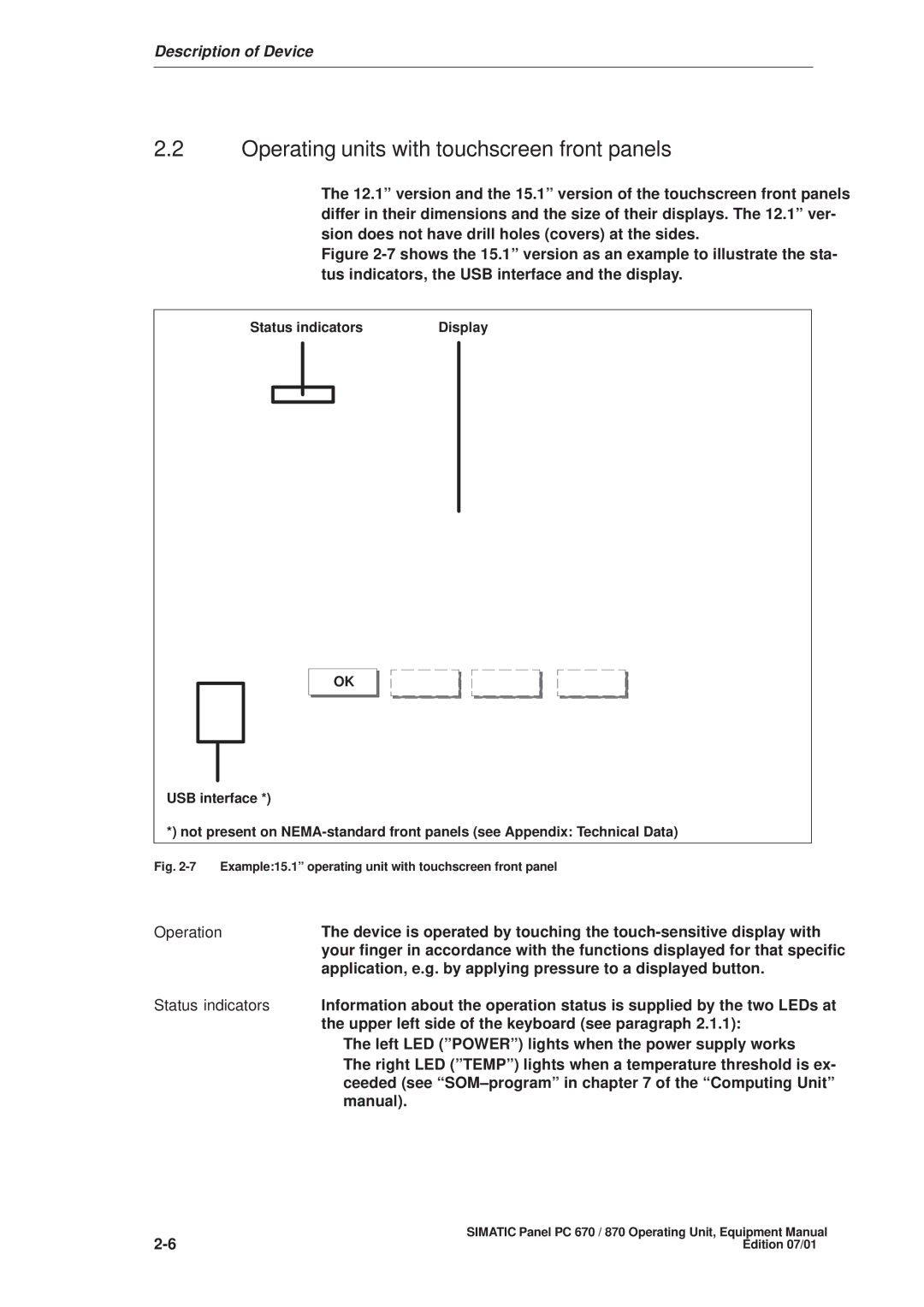 Siemens PC 870 manual Operating units with touchscreen front panels, Operation, Status indicators 