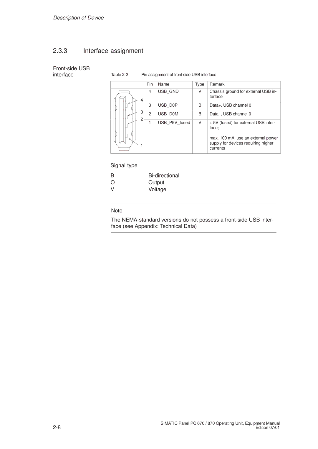 Siemens PC 870 manual Interface assignment, Front-side USB interface, Signal type 