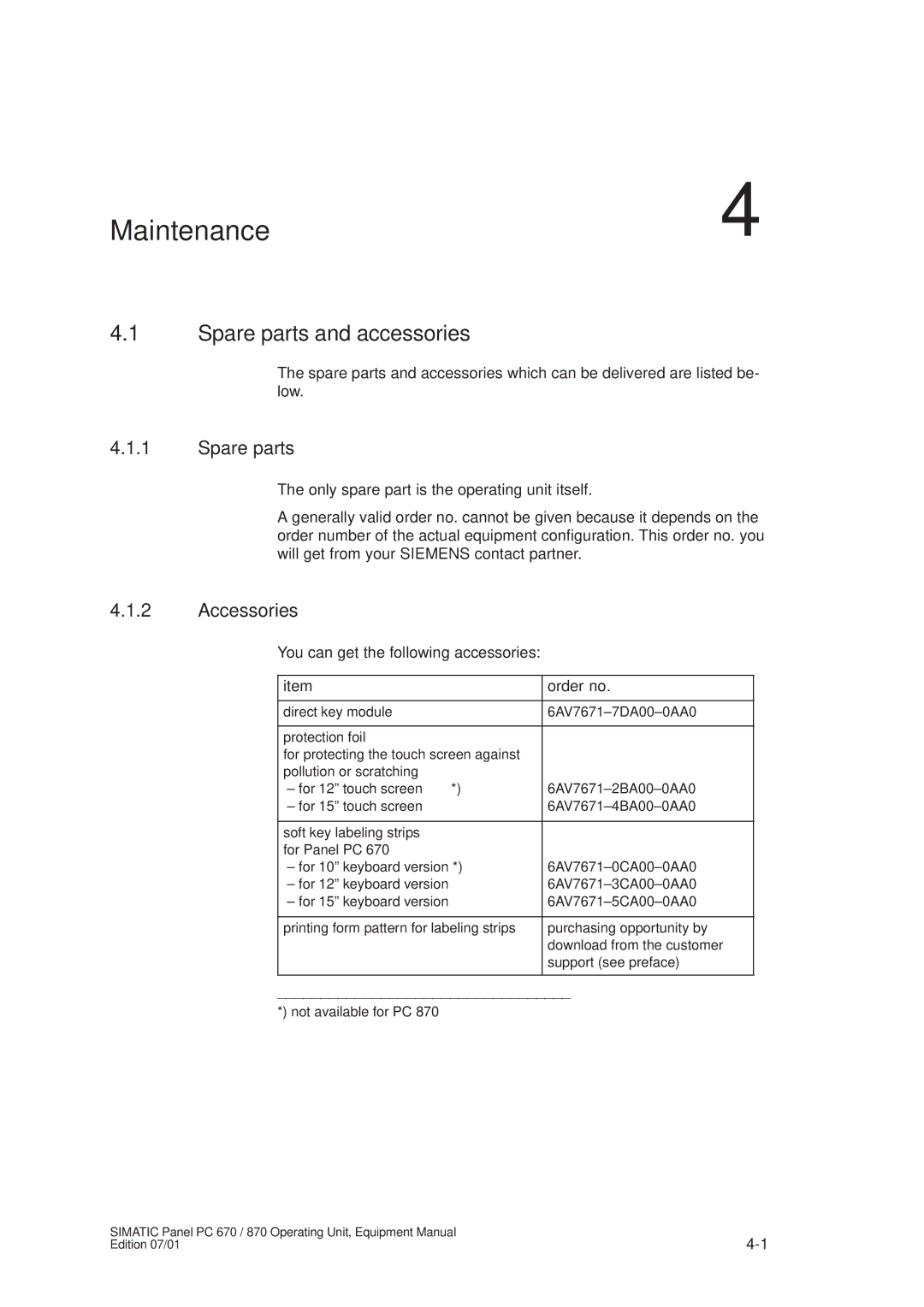 Siemens PC 870 manual Maintenance, Spare parts and accessories, Accessories, Order no 