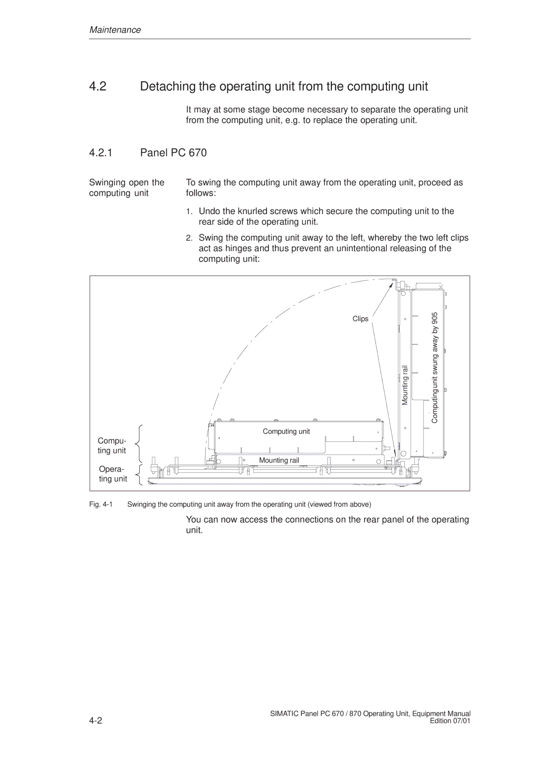 Siemens PC 870 manual Detaching the operating unit from the computing unit, Panel PC 