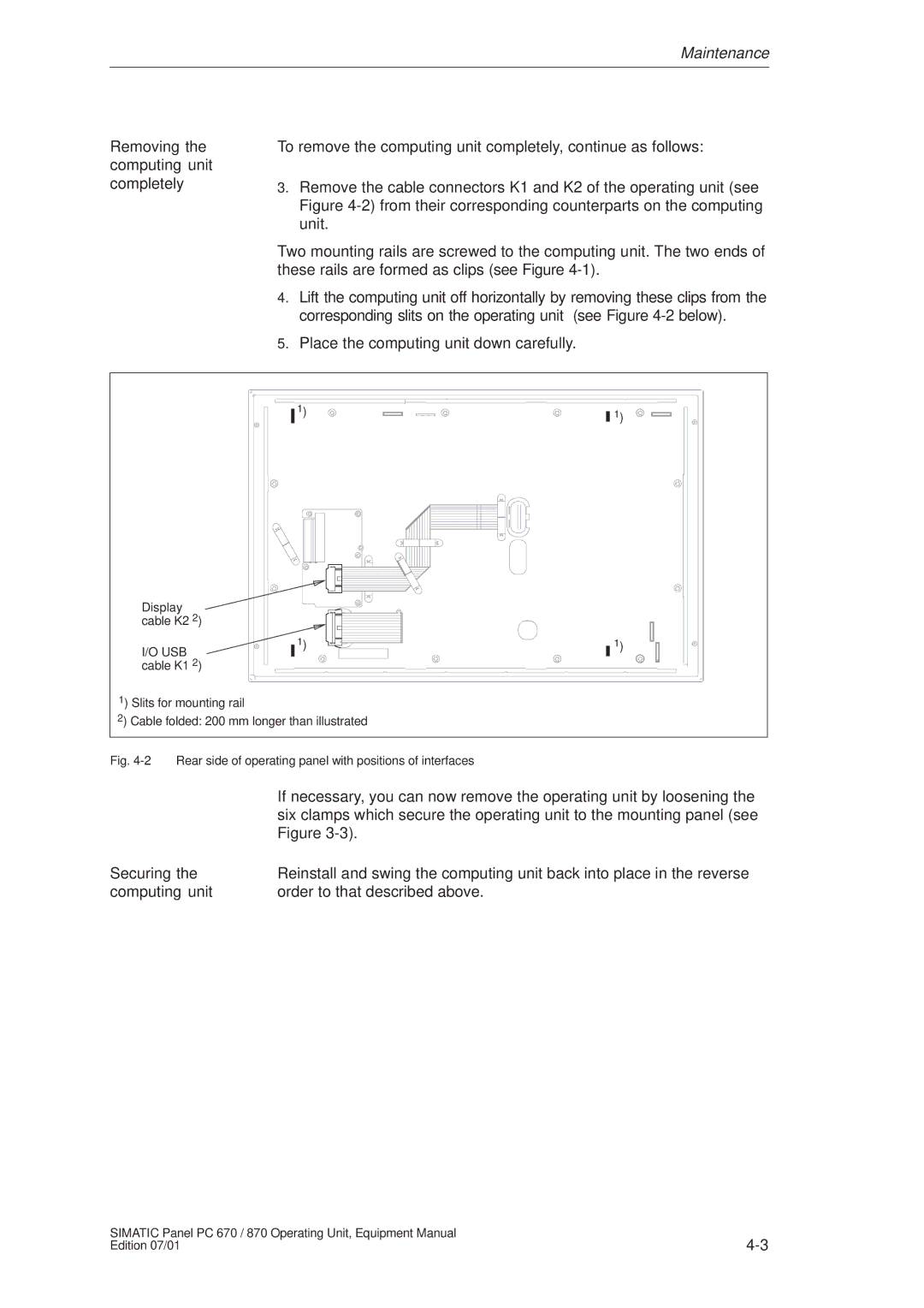 Siemens PC 870 manual Removing the computing unit completely, Rear side of operating panel with positions of interfaces 