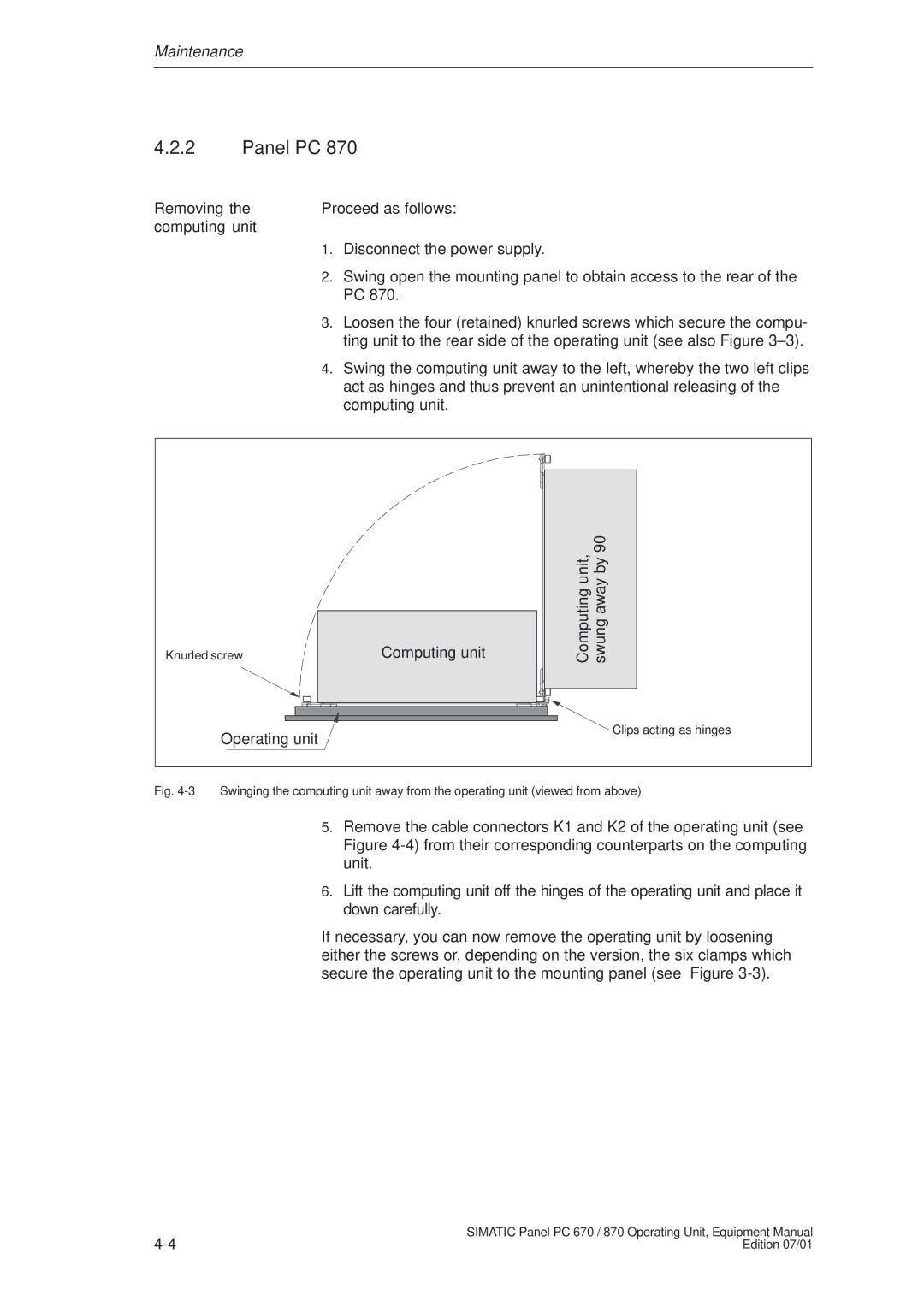 Siemens PC 870 manual Removing Proceed as follows Computing unit 