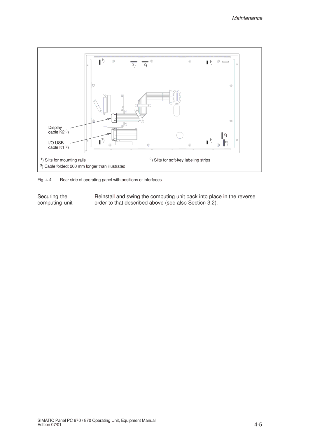 Siemens PC 870 manual Cable K1 Slits for mounting rails 