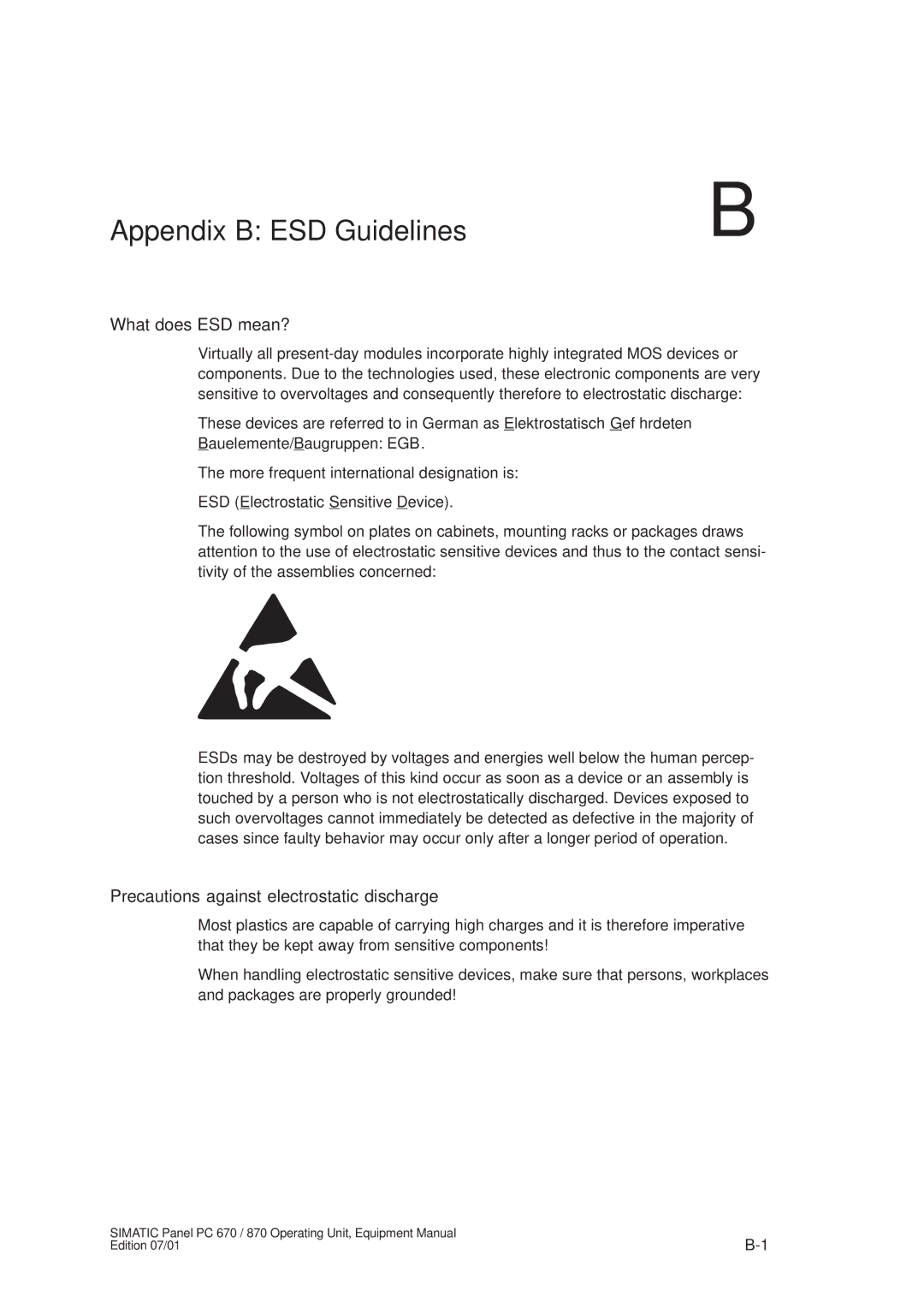 Siemens PC 870 manual Appendix B ESD Guidelines, What does ESD mean? 