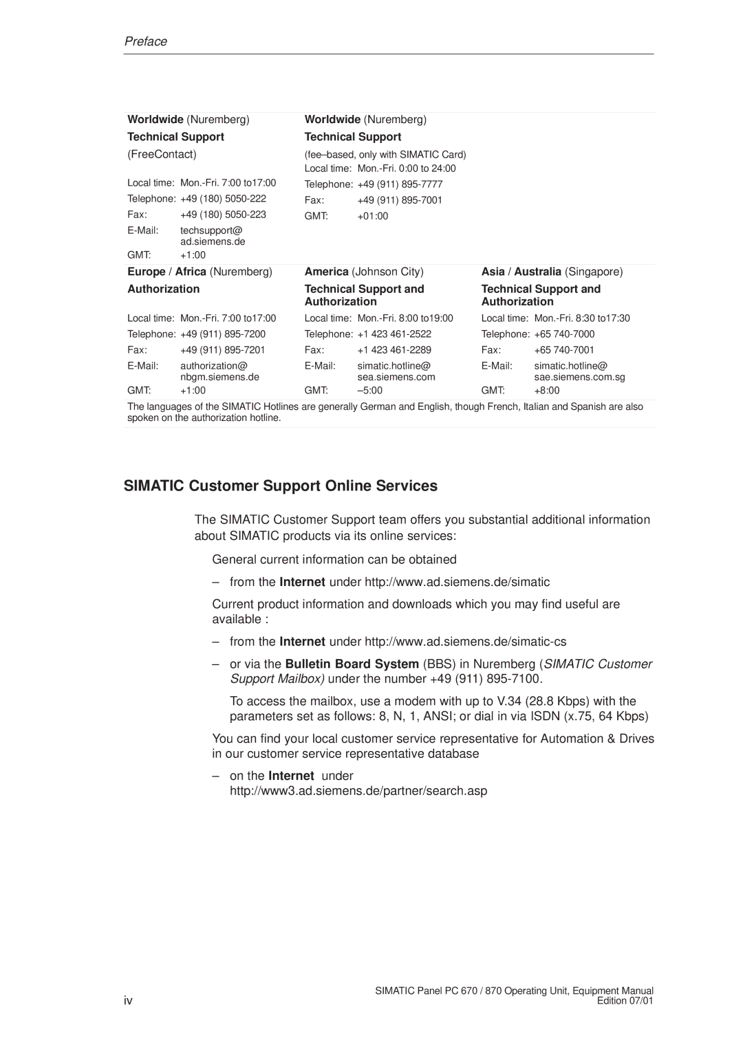 Siemens PC 870 manual Simatic Customer Support Online Services, Technical Support, Europe / Africa Nuremberg 