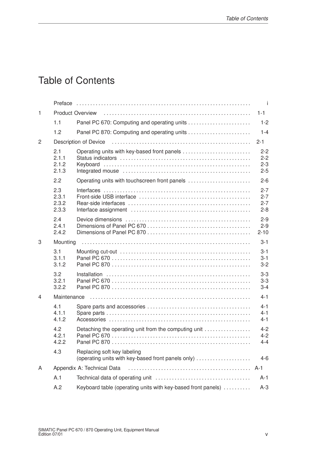 Siemens PC 870 manual Table of Contents 