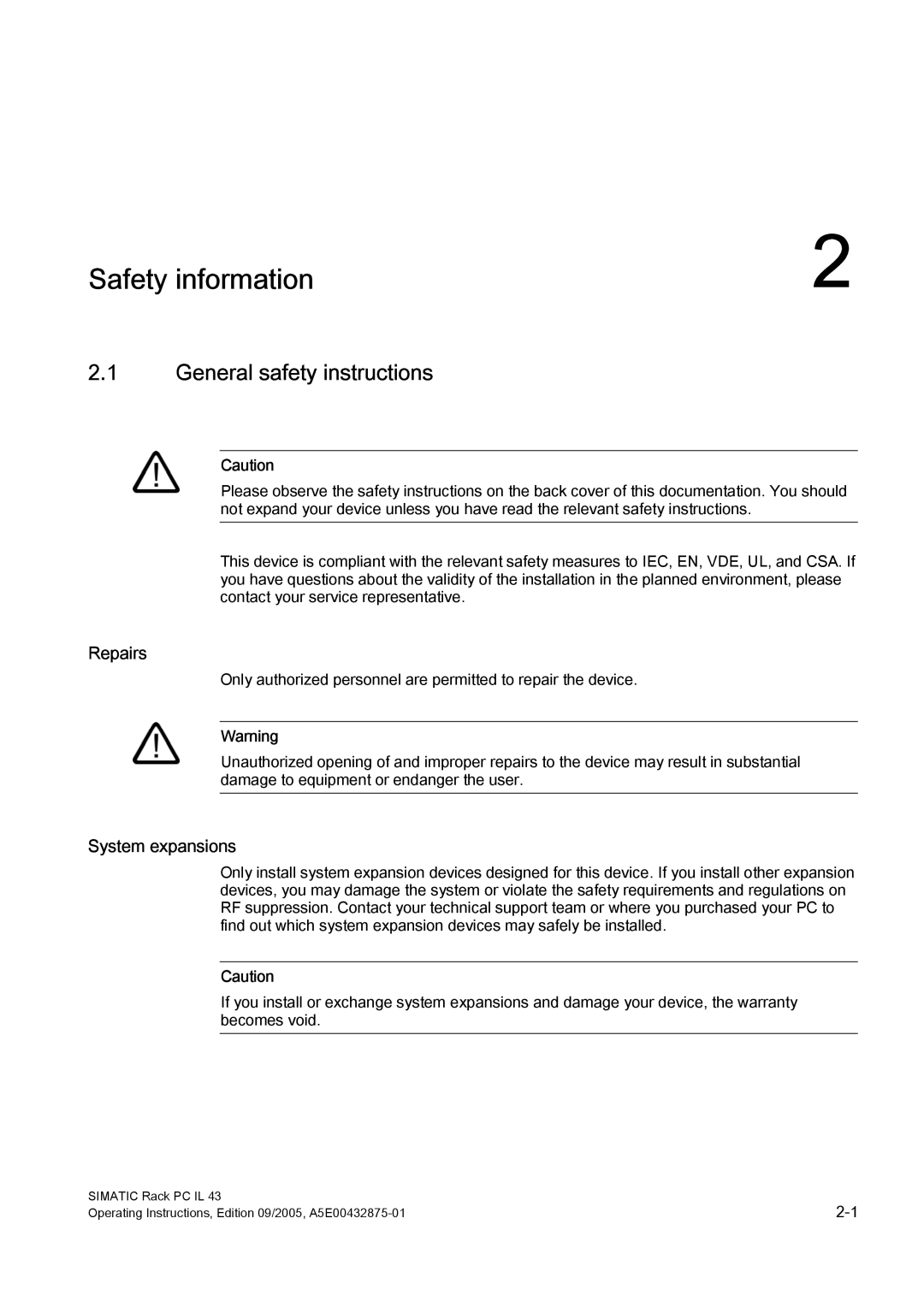 Siemens PCIL43 manual Safety information, General safety instructions, Repairs, System expansions 