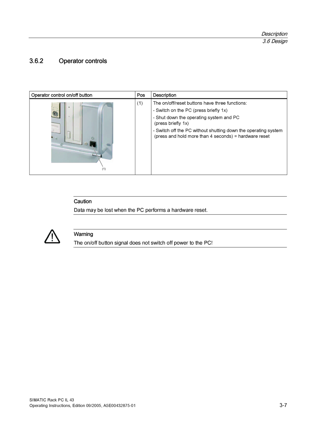 Siemens PCIL43 manual Operator controls, Operator control on/off button Pos Description 