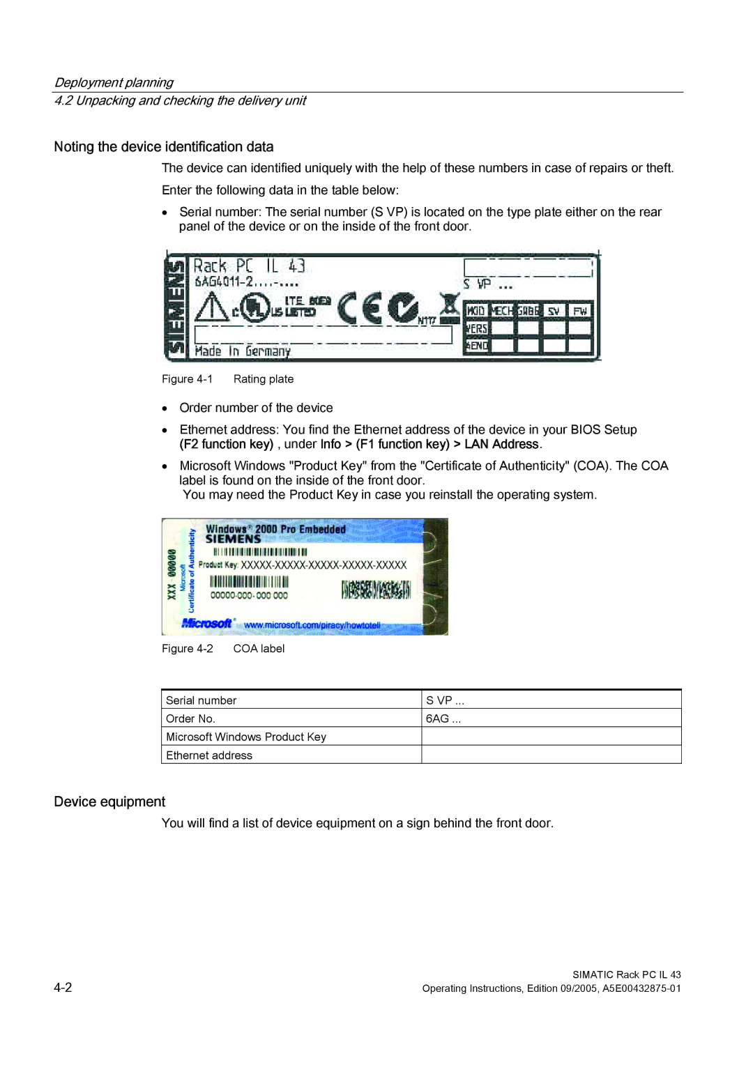 Siemens PCIL43 manual Noting the device identification data, Device equipment 