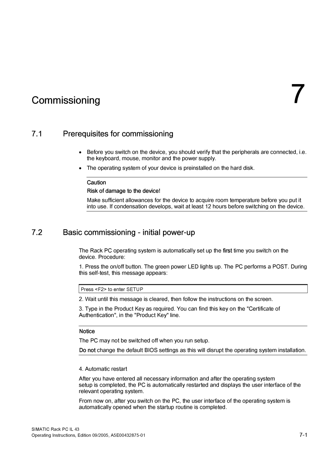 Siemens PCIL43 manual Commissioning, Prerequisites for commissioning, Basic commissioning initial power-up 