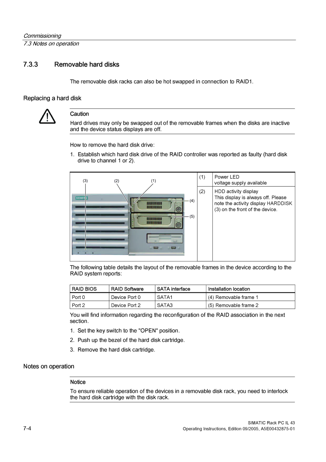 Siemens PCIL43 Removable hard disks, Replacing a hard disk, RAID Software Sata interface Installation location, SATA1 