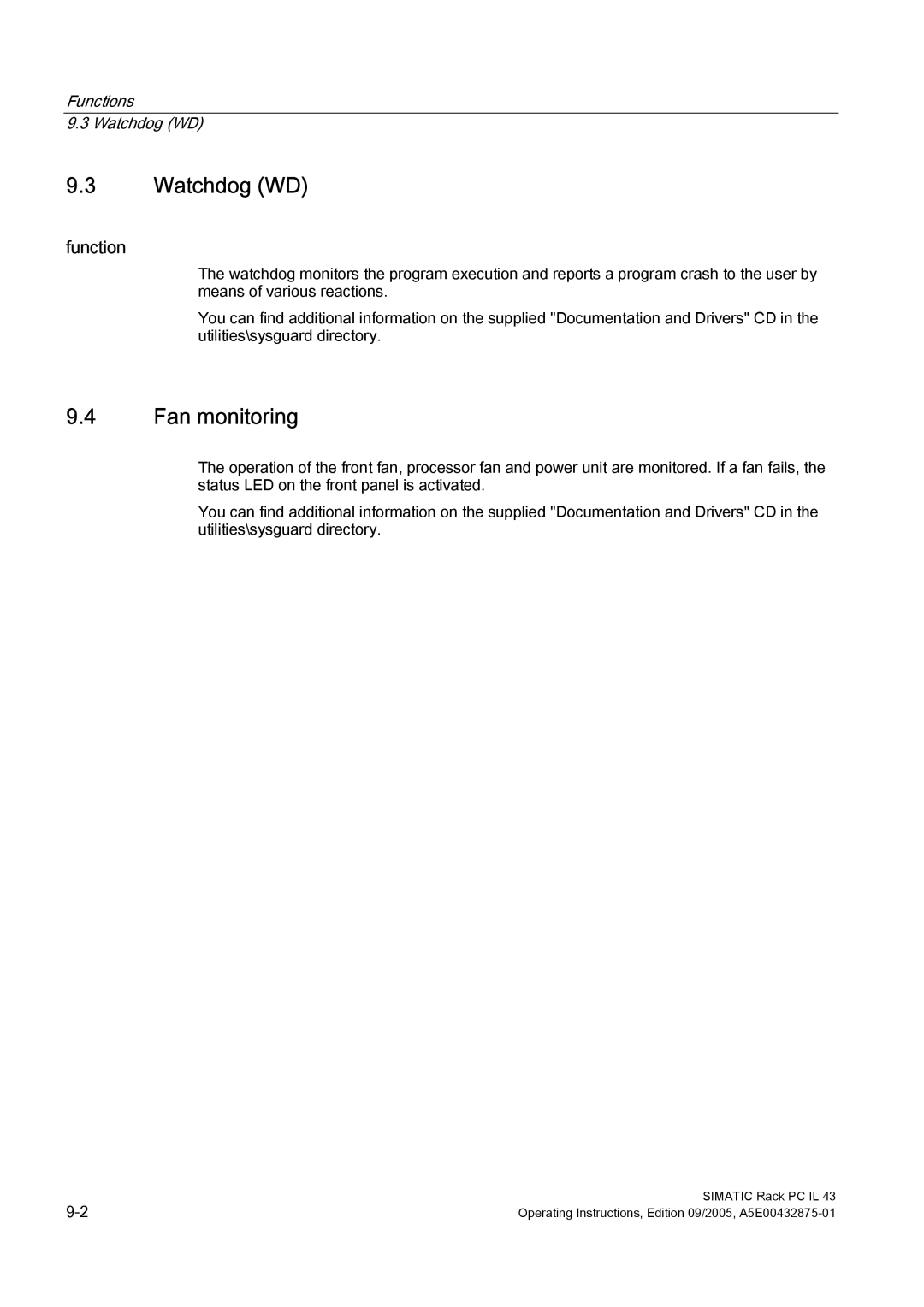 Siemens PCIL43 manual Watchdog WD, Fan monitoring, Function 