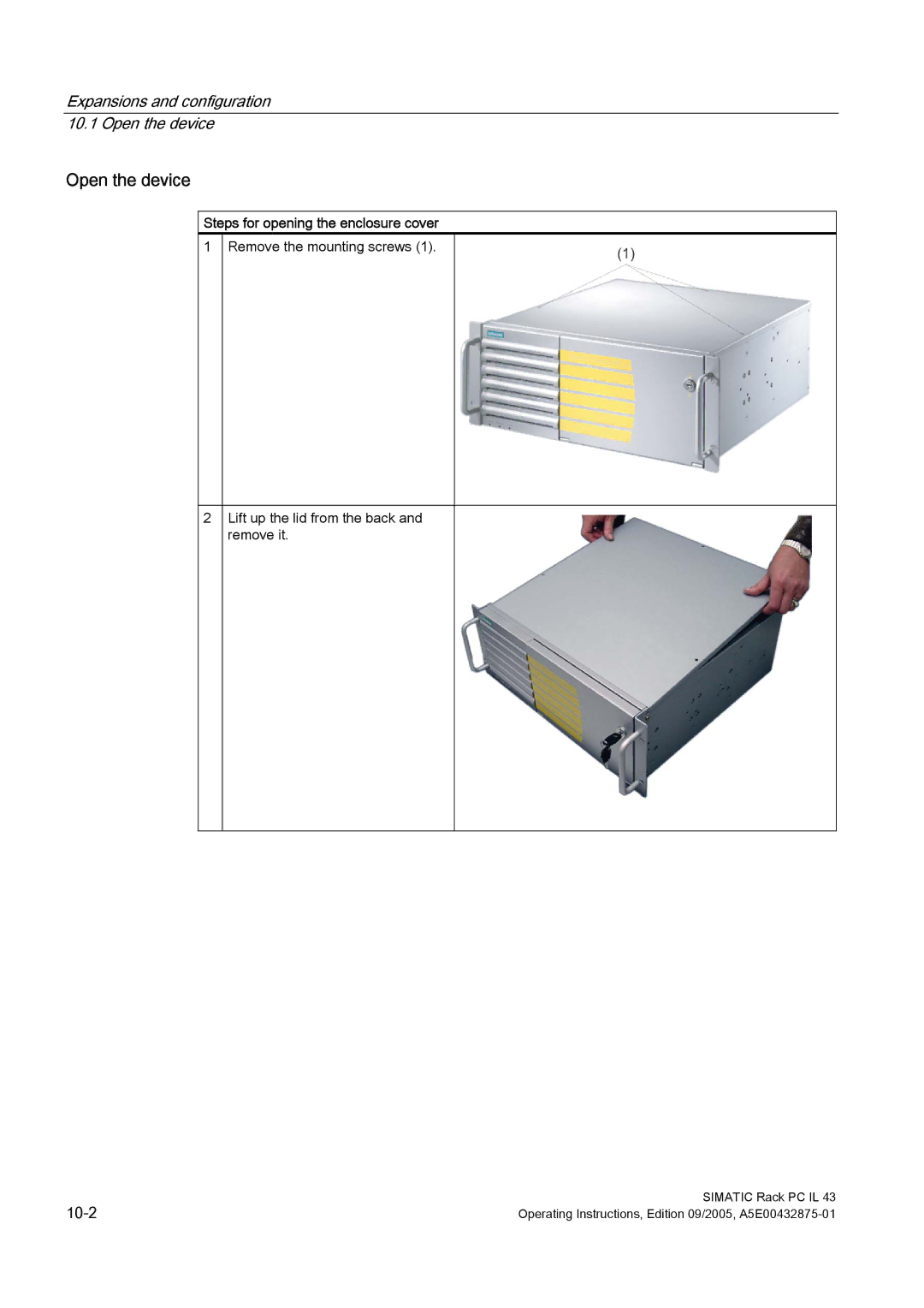 Siemens PCIL43 manual Open the device, Steps for opening the enclosure cover 