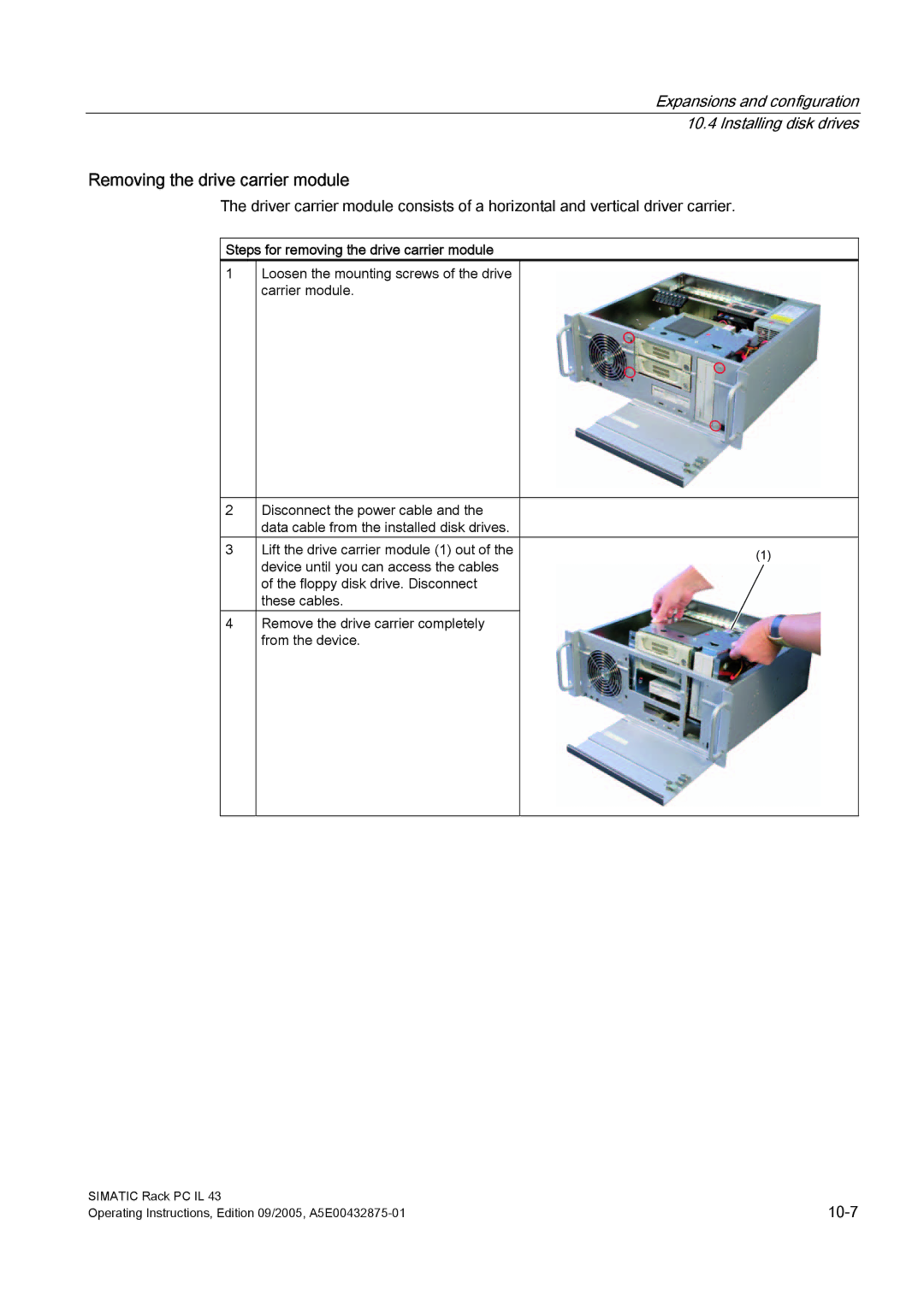 Siemens PCIL43 manual Removing the drive carrier module, Steps for removing the drive carrier module 