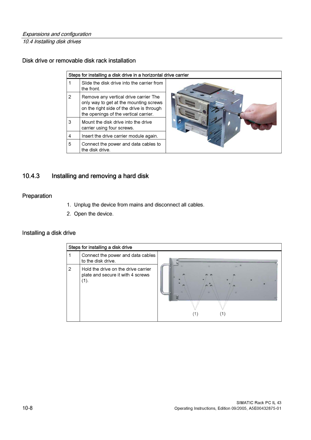 Siemens PCIL43 manual Installing and removing a hard disk, Disk drive or removable disk rack installation 