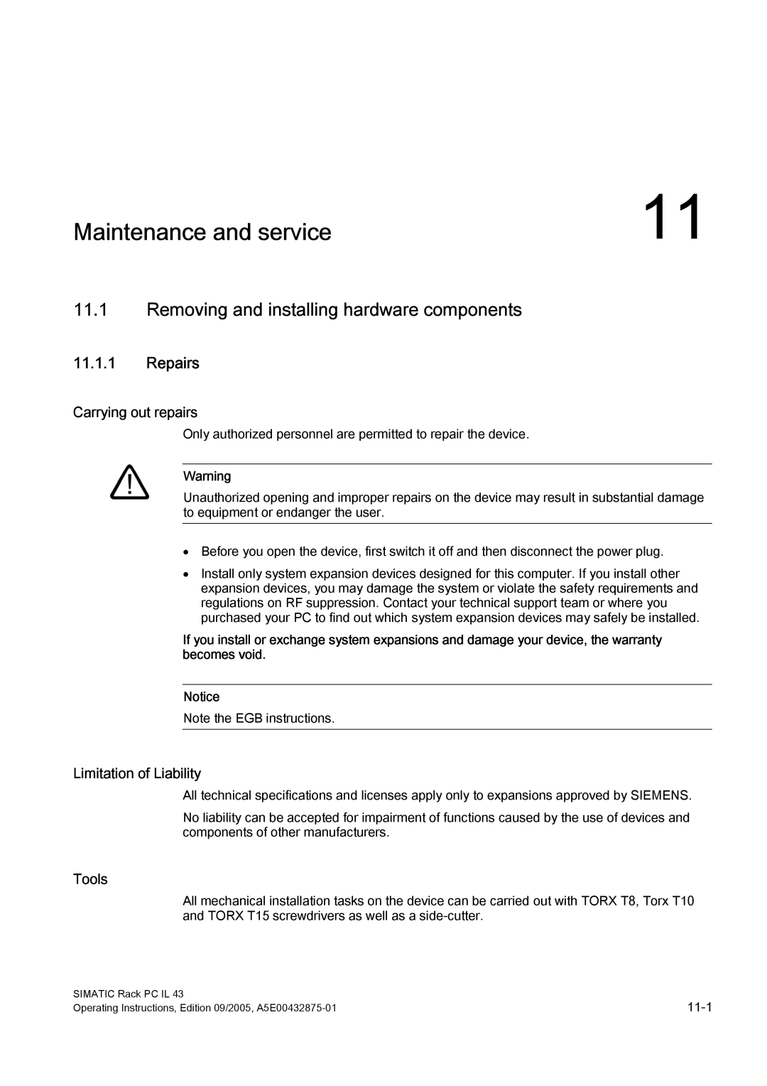 Siemens PCIL43 manual Maintenance and service, Removing and installing hardware components, Repairs, Carrying out repairs 